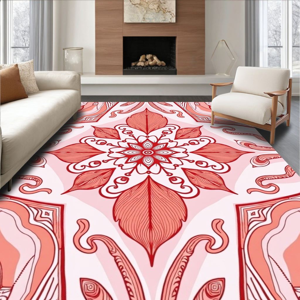 Intricate Blooming Red Mandala Pattern Rug