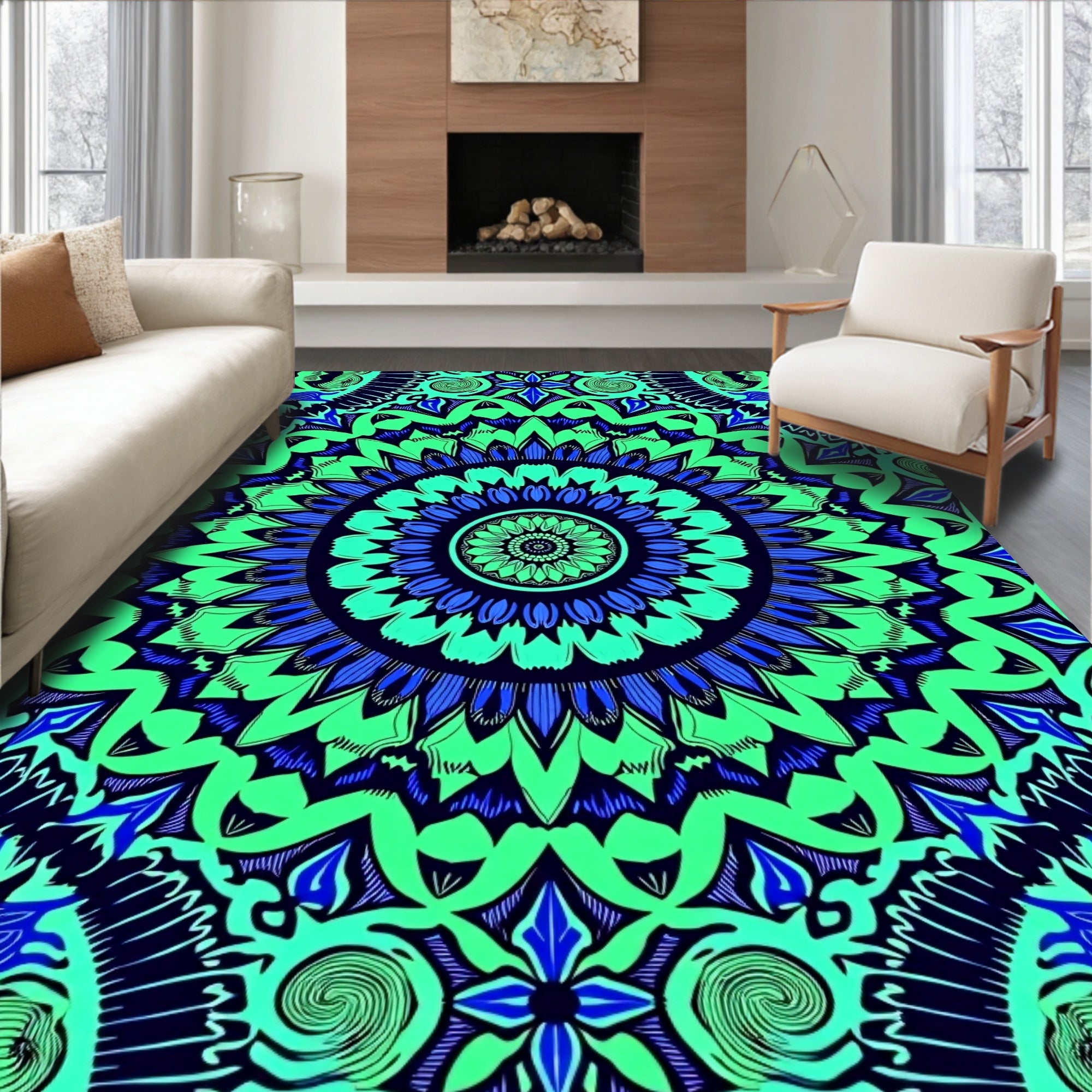 Symmetrical Blue Green Mandala Pattern Rug