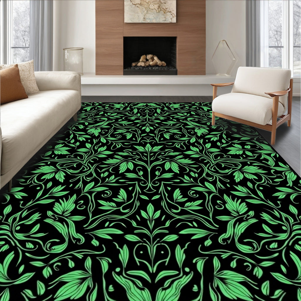 Vibrant Green Vines Scrollwork Rug