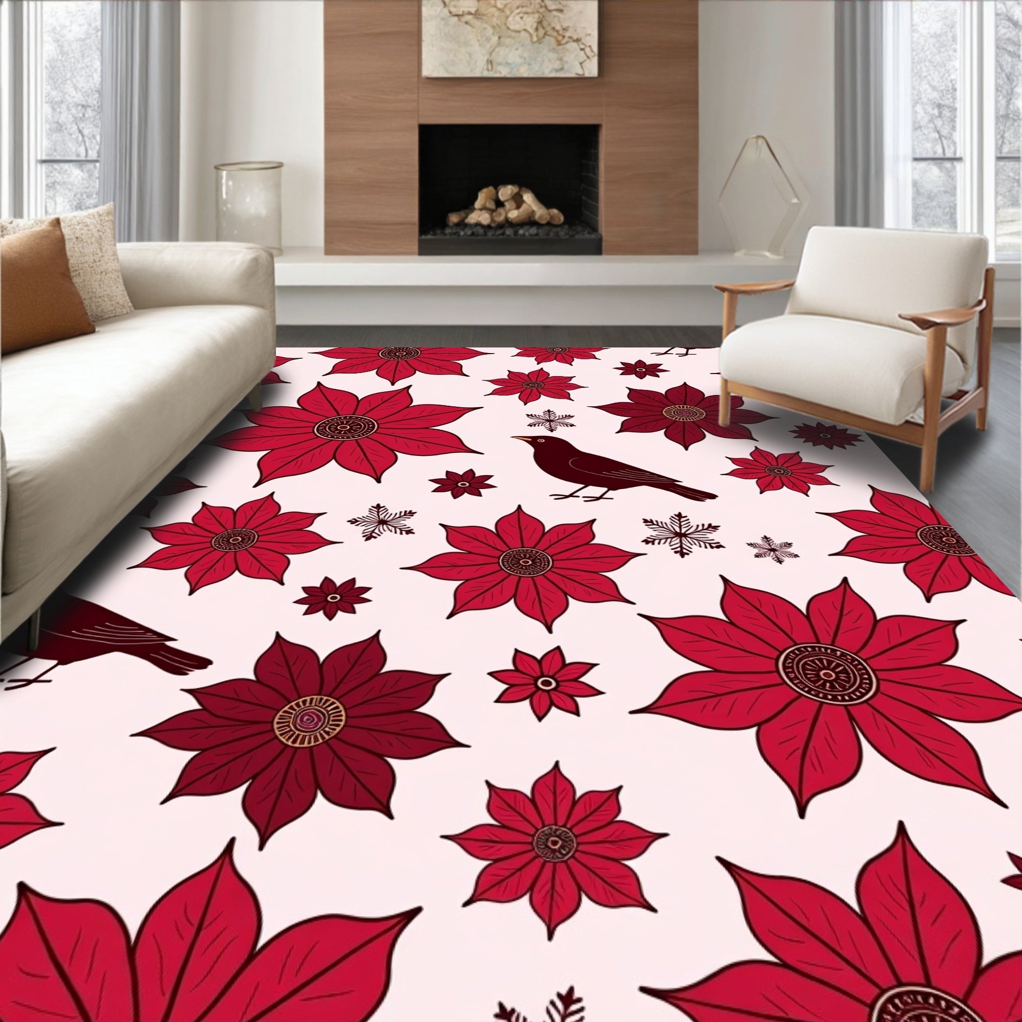 Rustic Red Floral Bird Pattern Rug