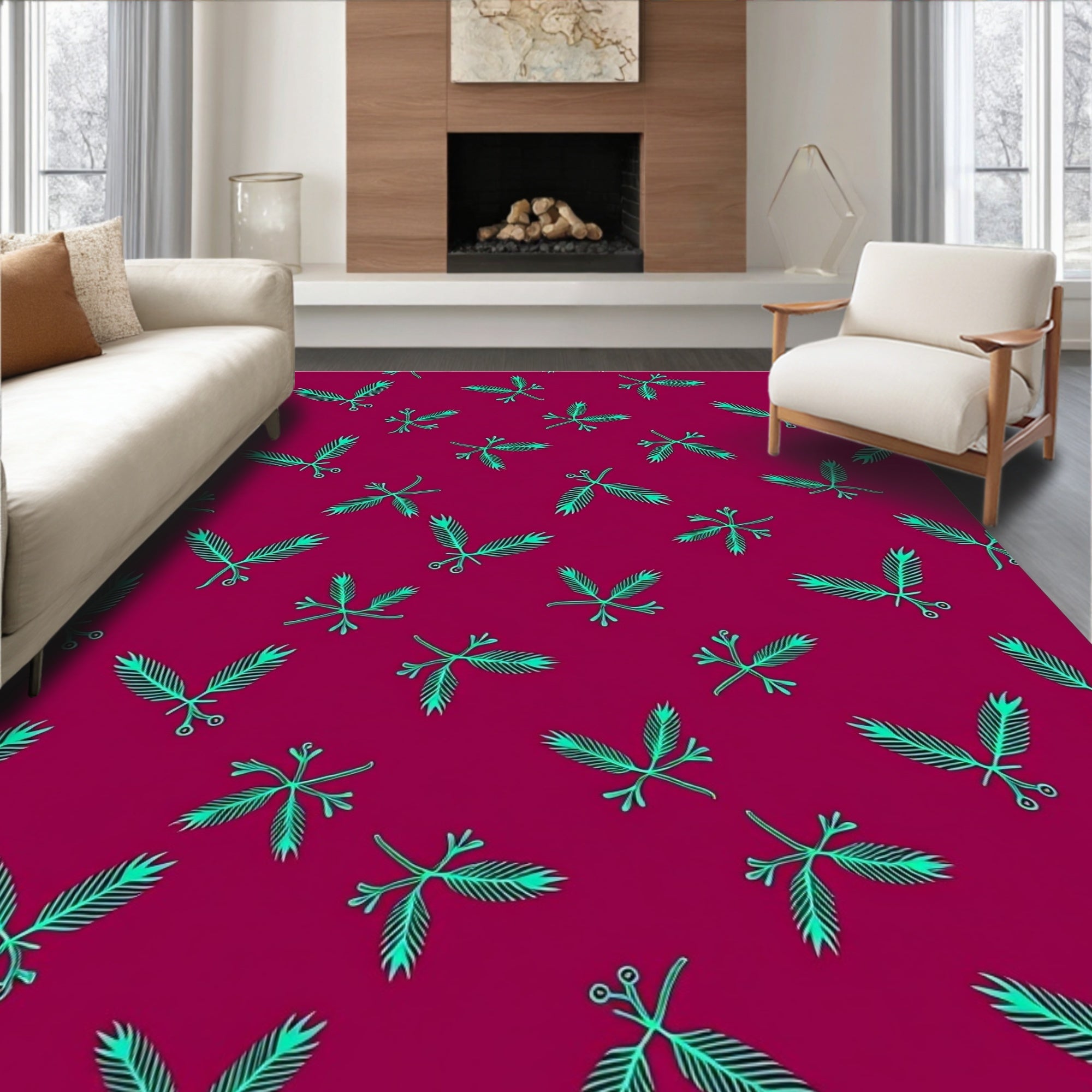 Teal Leaf Pattern On Magenta Background Rug