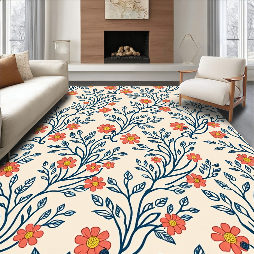 Coral Flower Leaf Vine Design Rug
