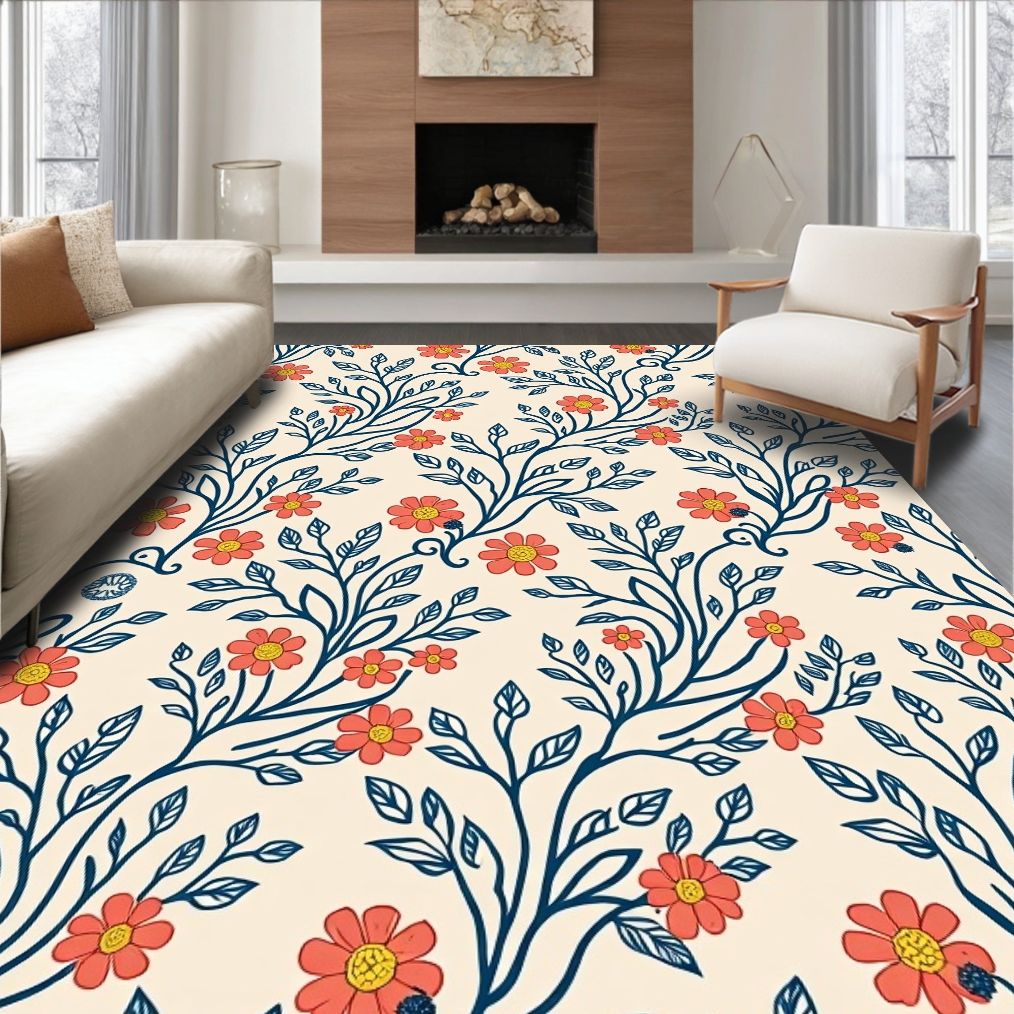 Coral Flower Leaf Vine Design Rug