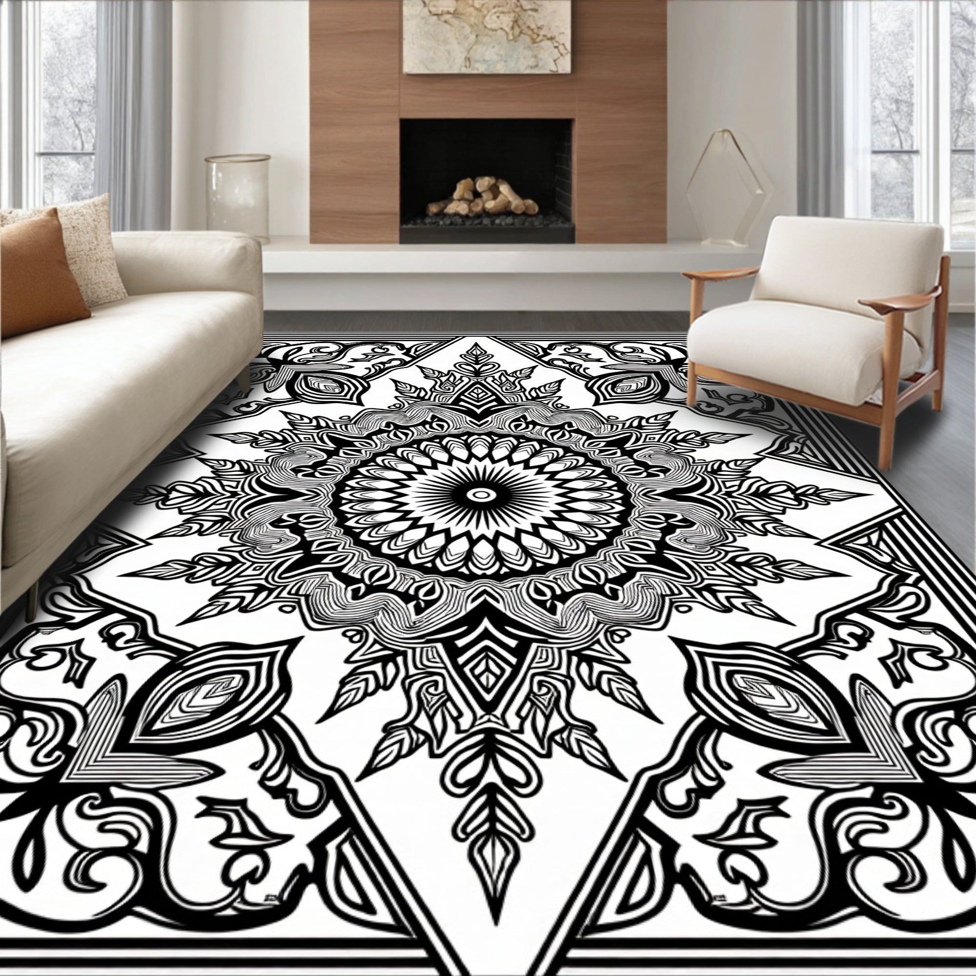 Intricate Black White Floral Mandala Rug