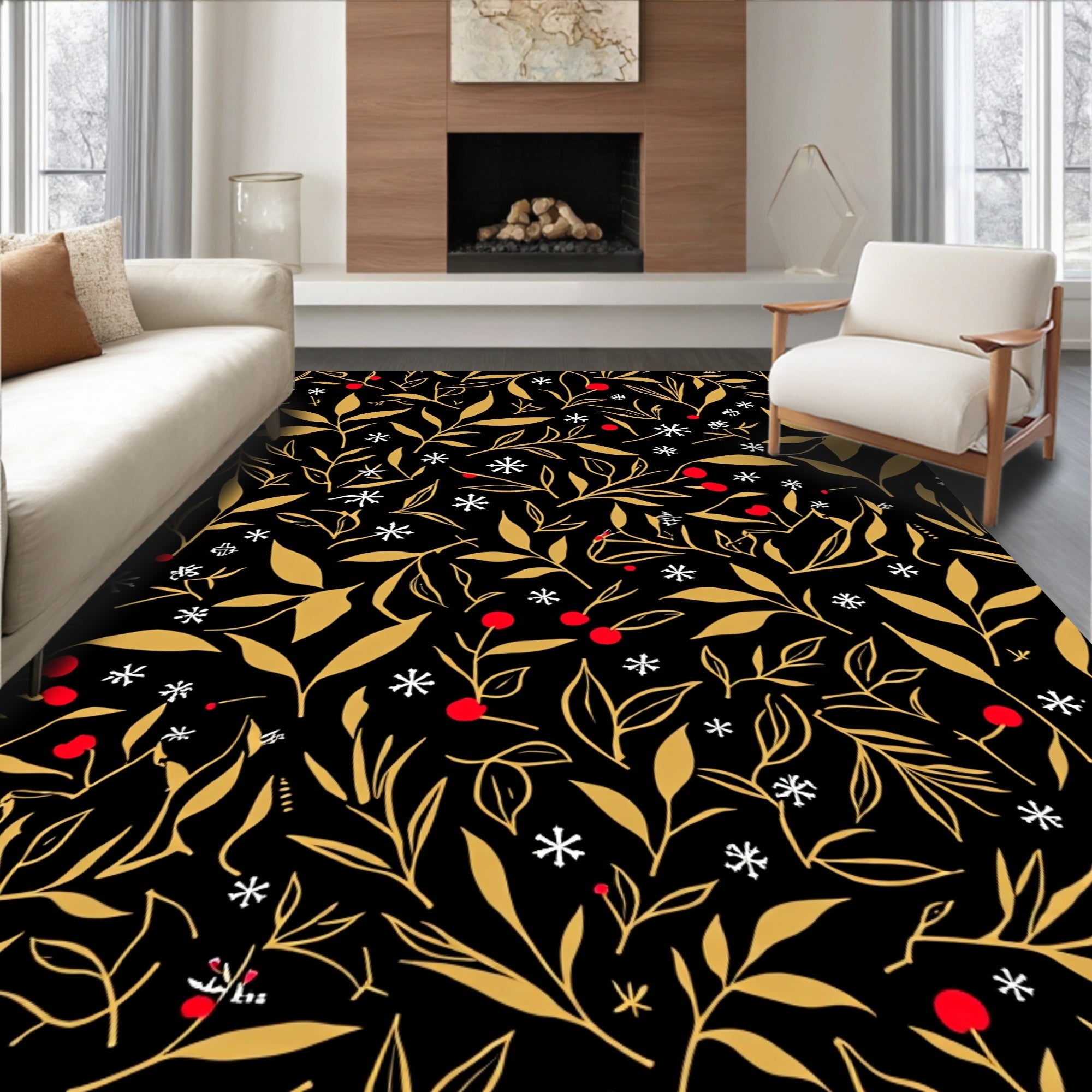 Golden Branches Red Berries Snowflakes Rug