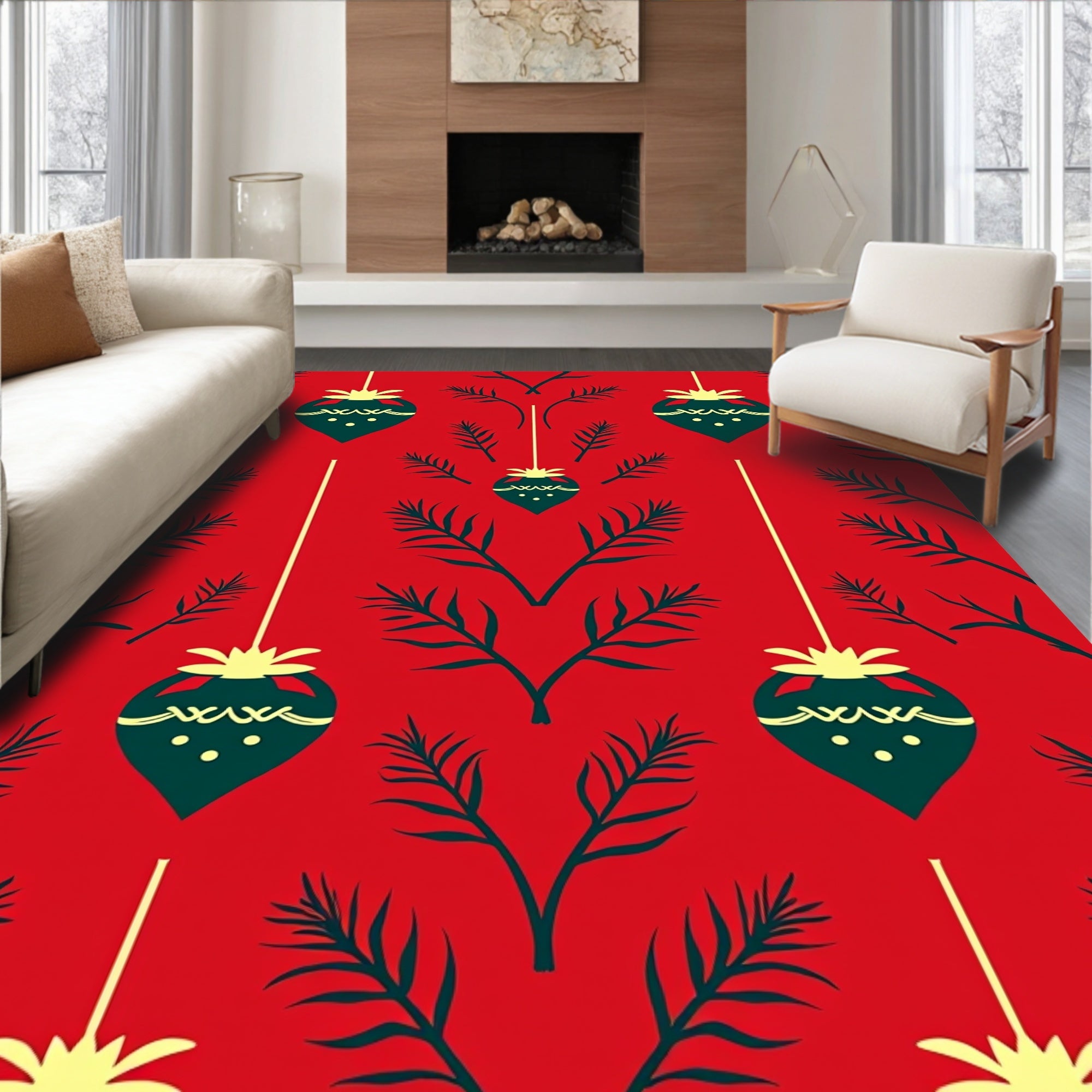 Red Evergreen And Hanging Ornament Pattern Rug