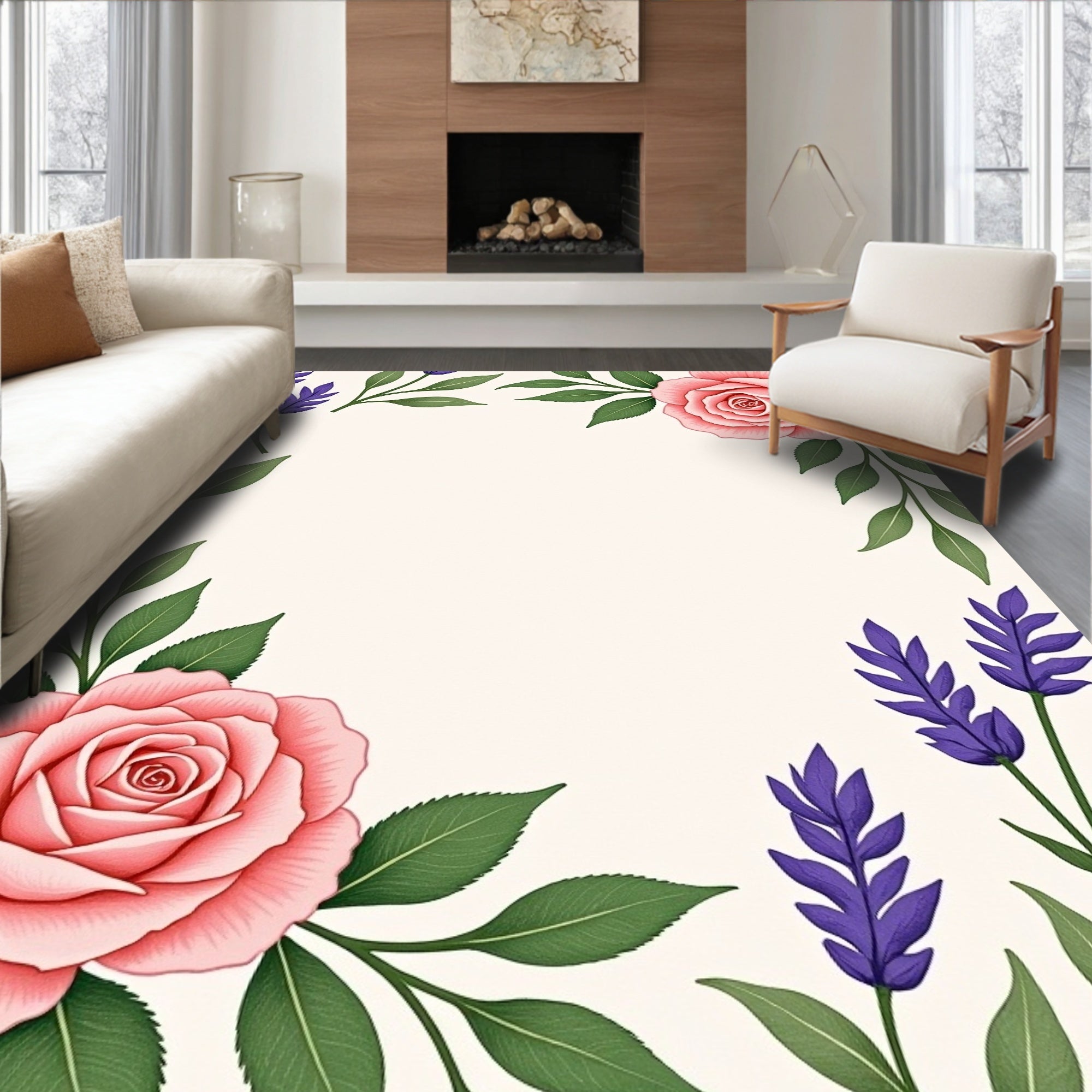 Pink Rose Purple Lavender Floral Design Rug