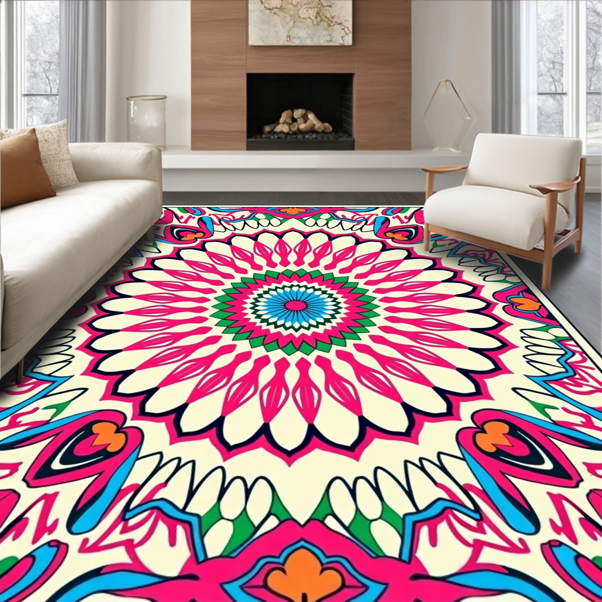 Vibrant Pink Blue Mandala Rug