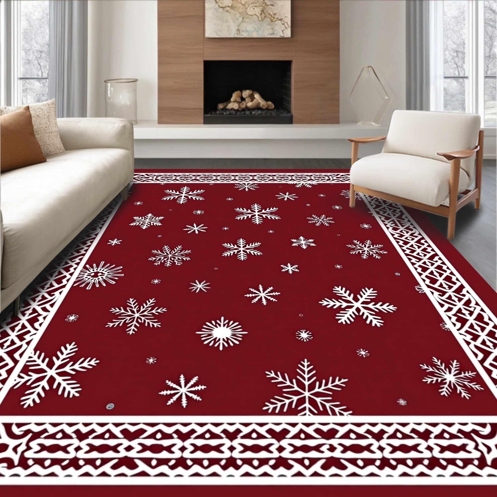 Snowflake Festive Border Design Rug
