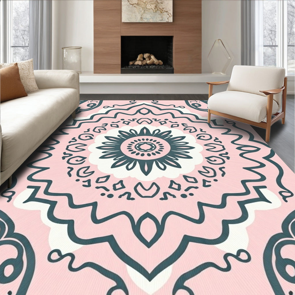 Soft Pink Teal Floral Mandala Design Rug