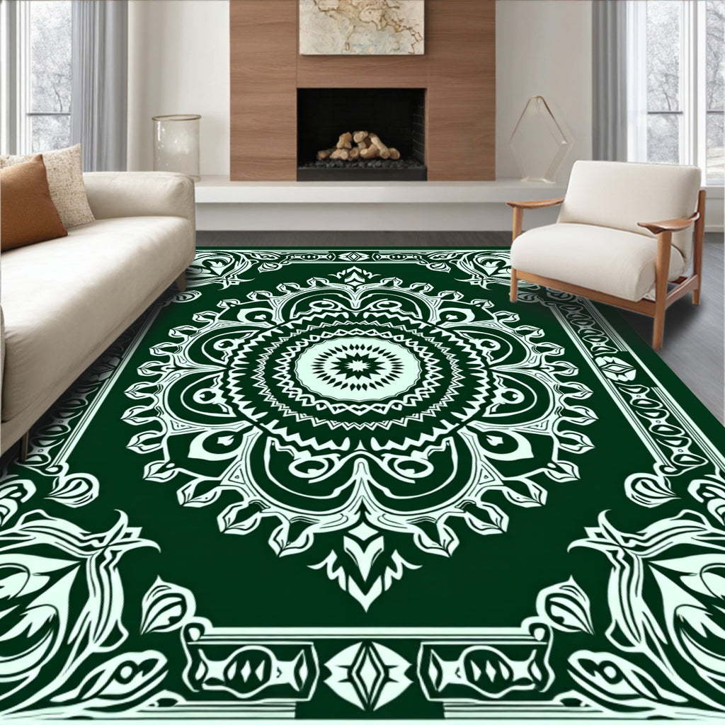 Intricate Emerald Floral Mandala Design Rug
