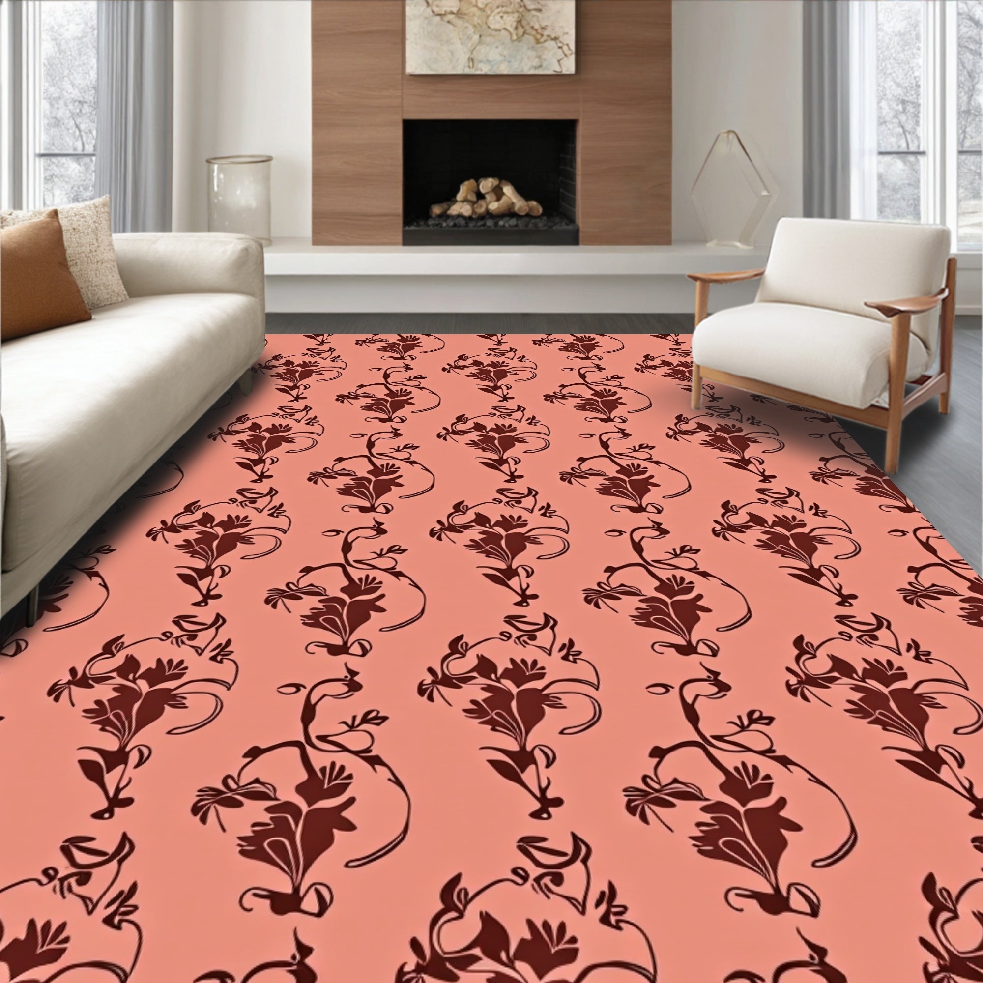 Coral Floral Damask Repeat Rug