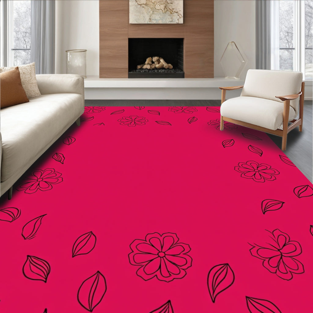 Pink Folk Flowers And Leaf Pattern Rug