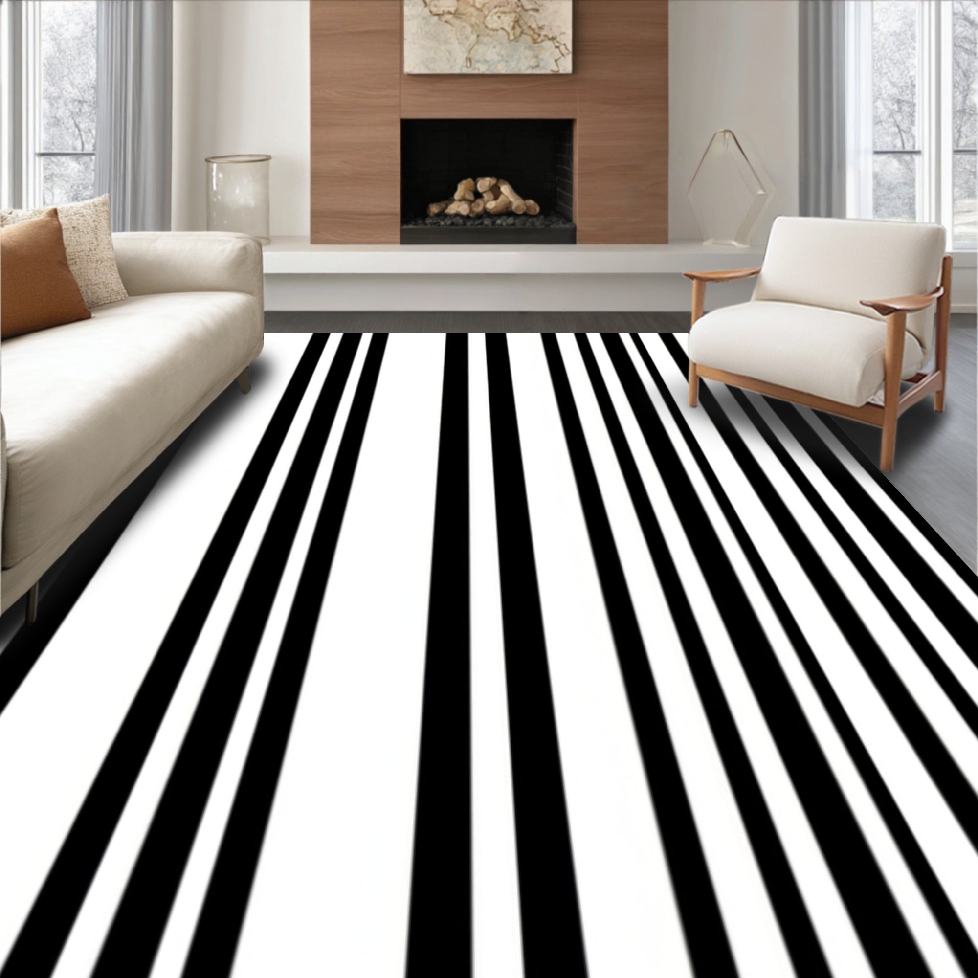 Black White Vertical Stripe Design Rug