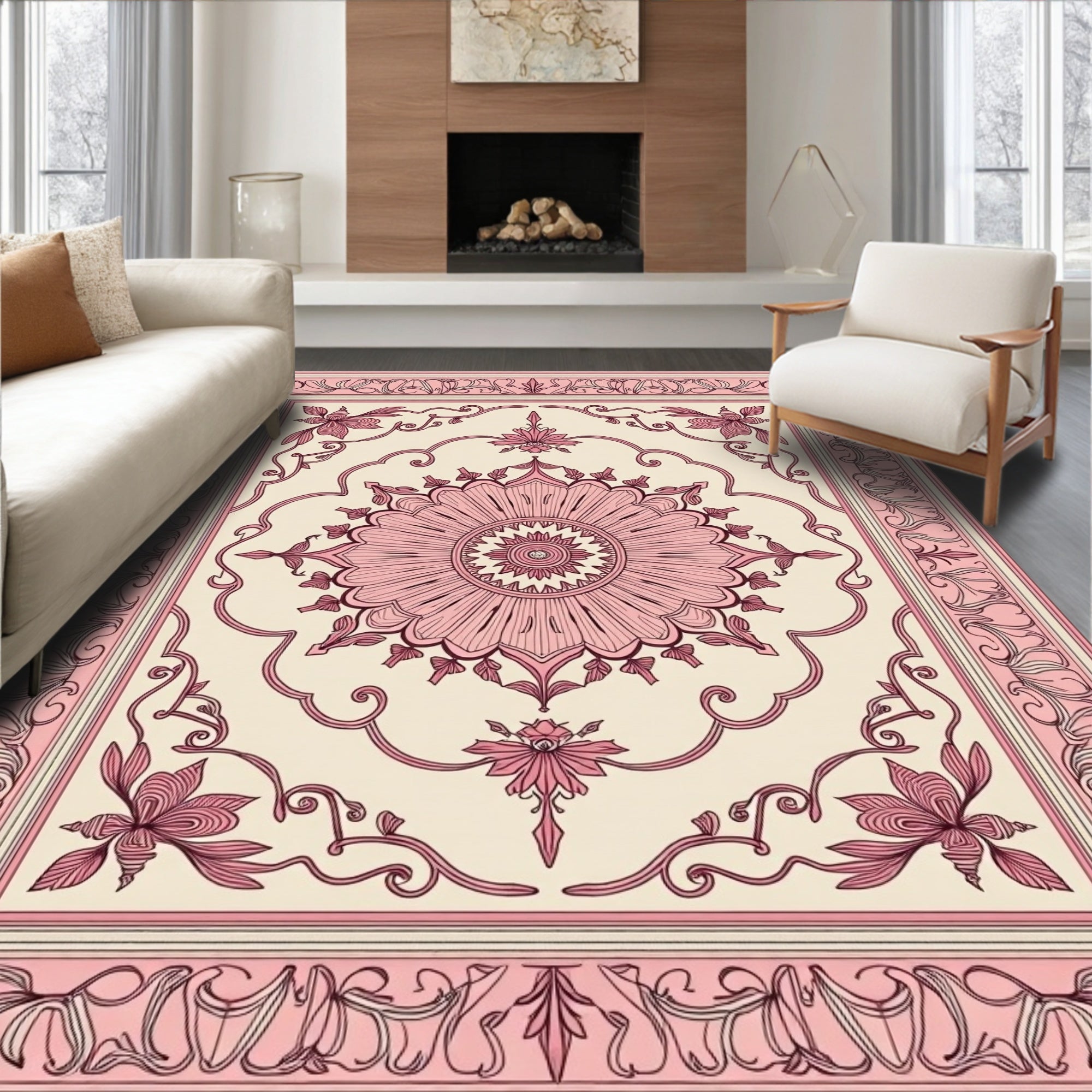 Pink Floral Medallion Decorative Rug