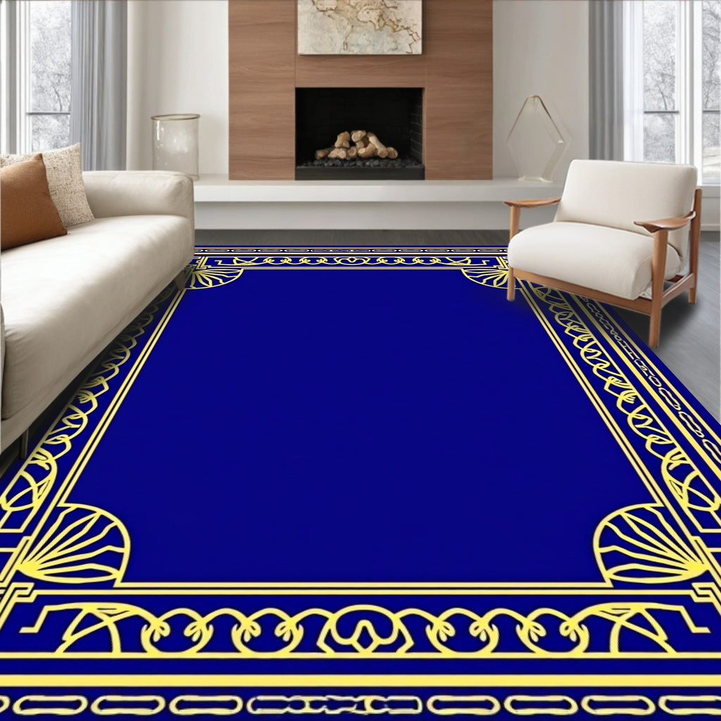 Elegant Blue Yellow Geometric Border Rug