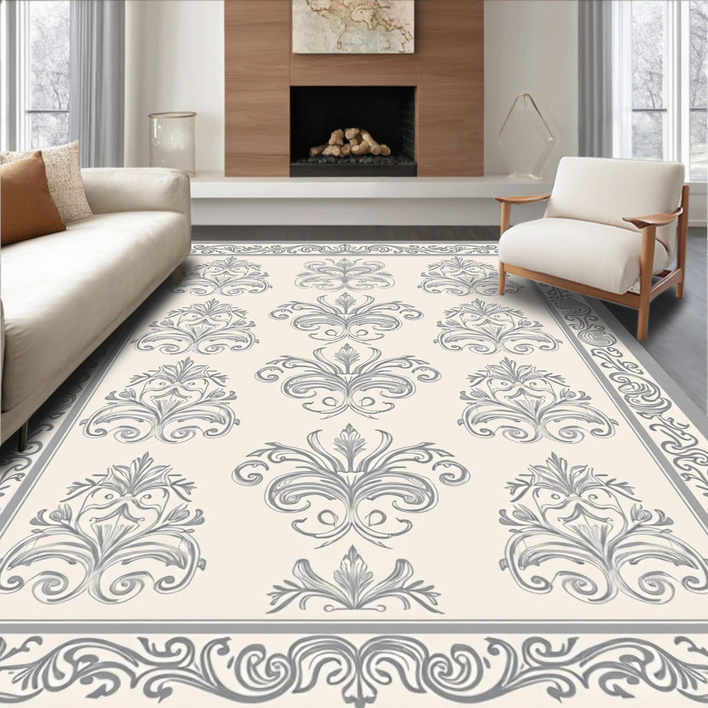 Elegant Grey Damask Floral Scrollwork Rug