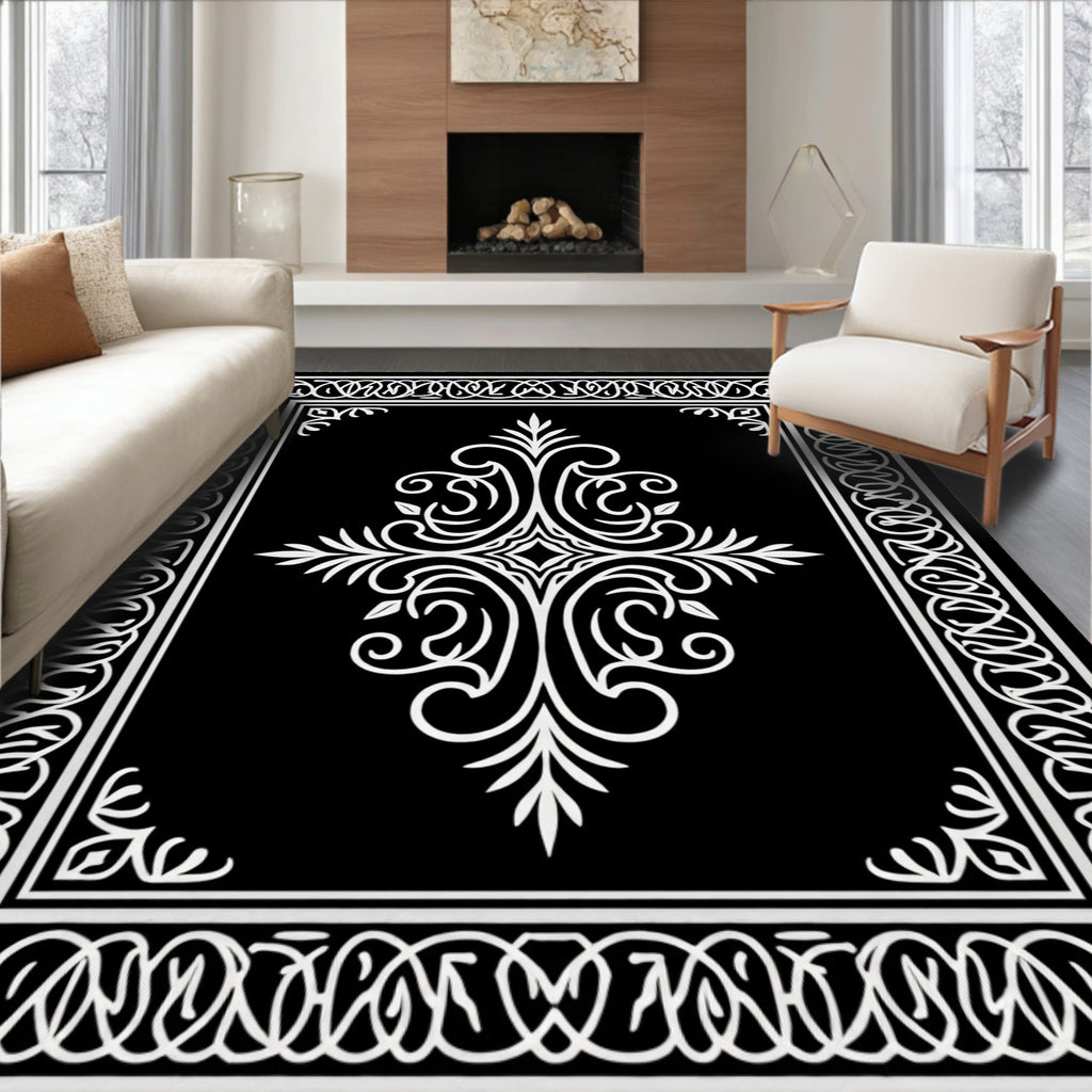 Elegant Black White Filigree Scroll Pattern Rug