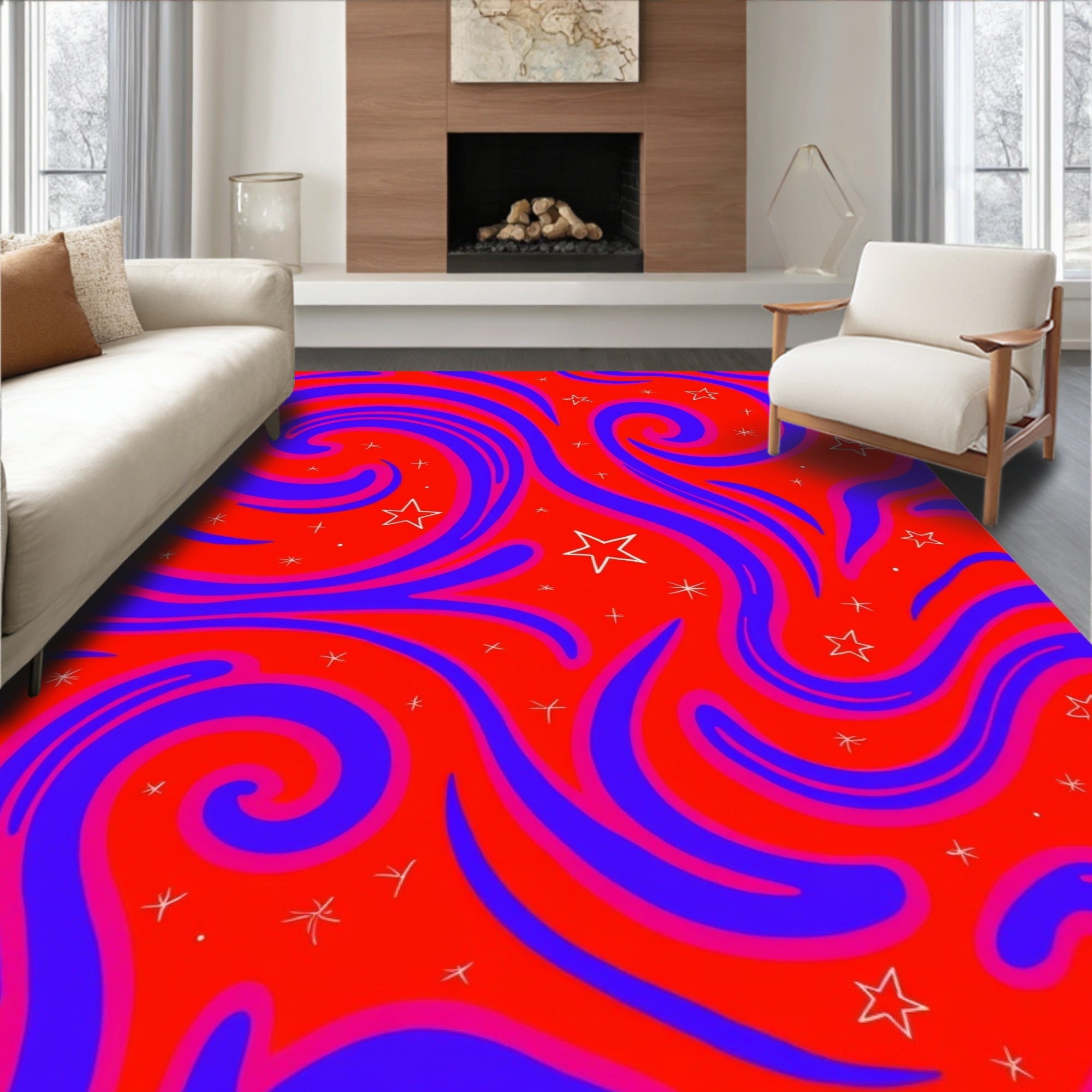 Red Blue Swirls With Stars Pattern Rug