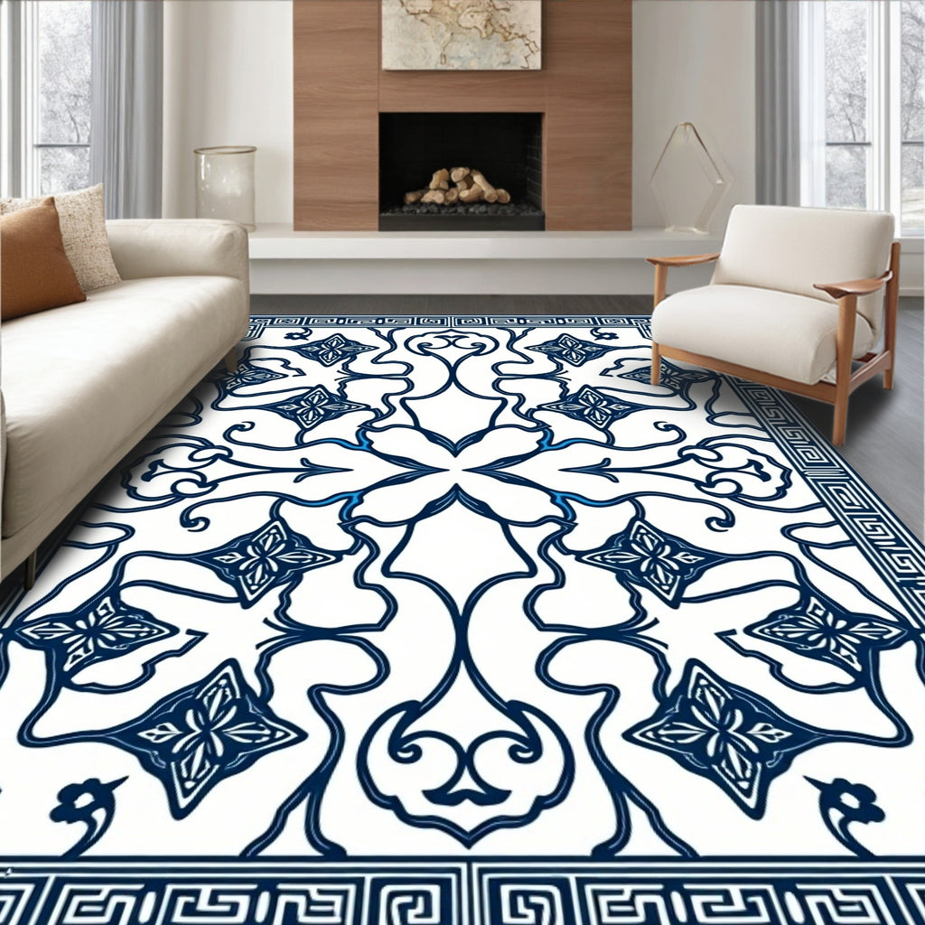 Symmetrical Blue White Floral Arrangement Rug