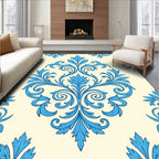 Blue Floral Damask Scroll Pattern Rug