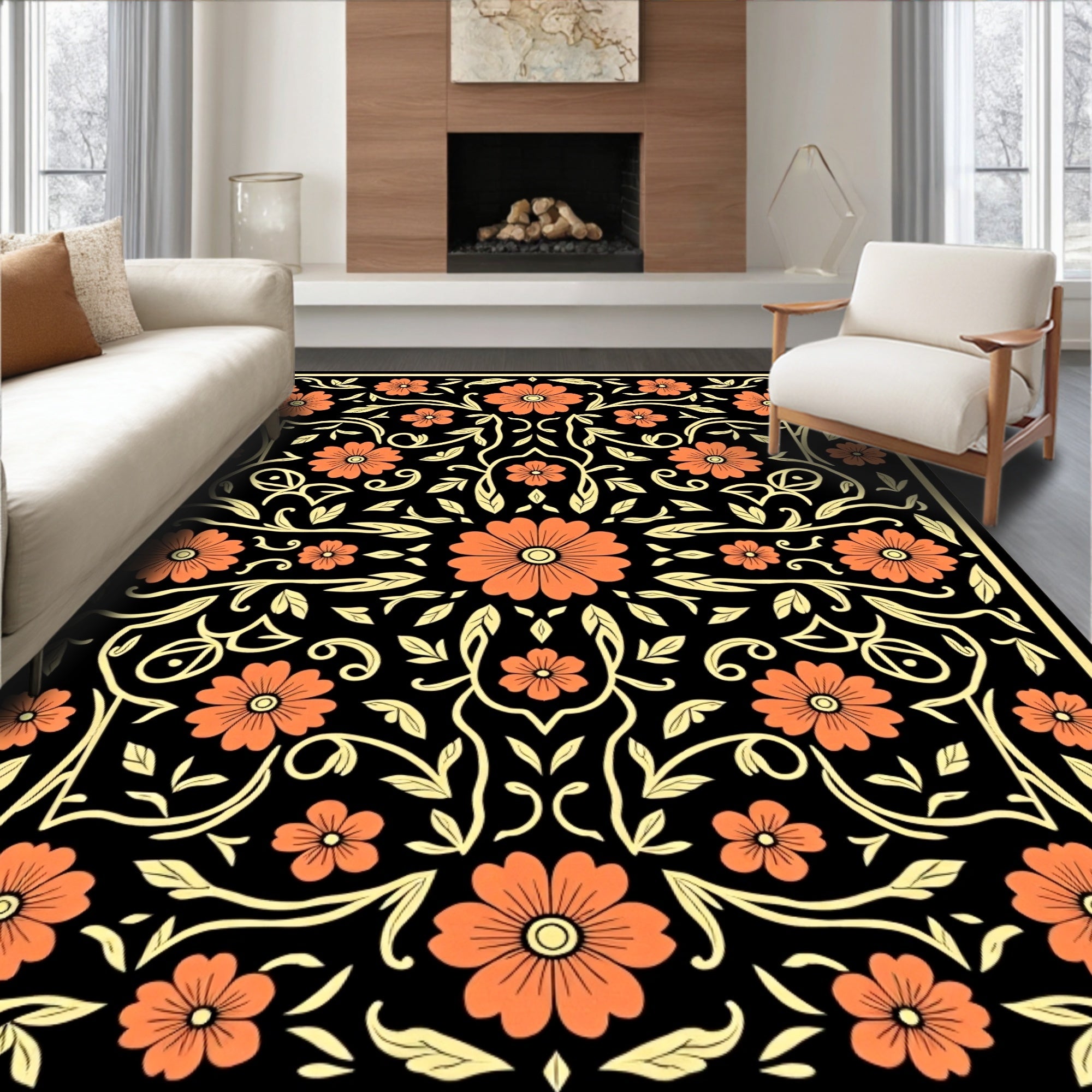 Coral Orange Floral Black Garden Rug