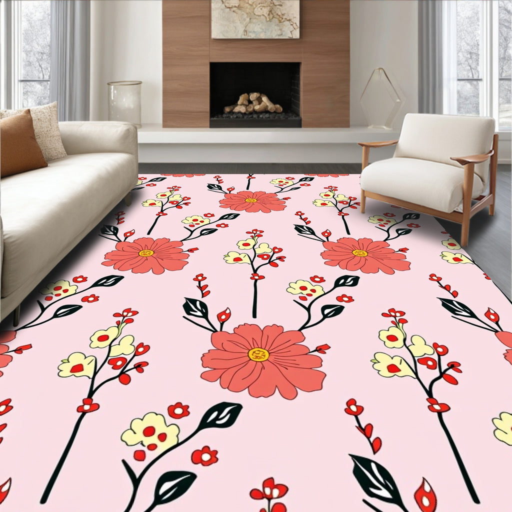 Coral Yellow Floral Sprig Design Rug