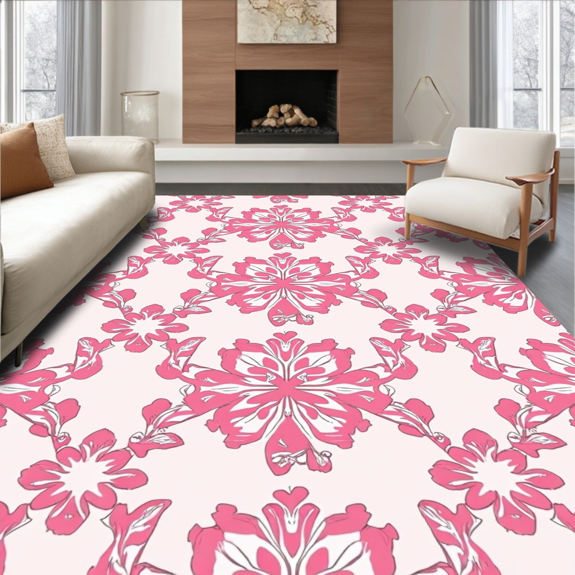 Pink Swirling Floral Patterned Rug