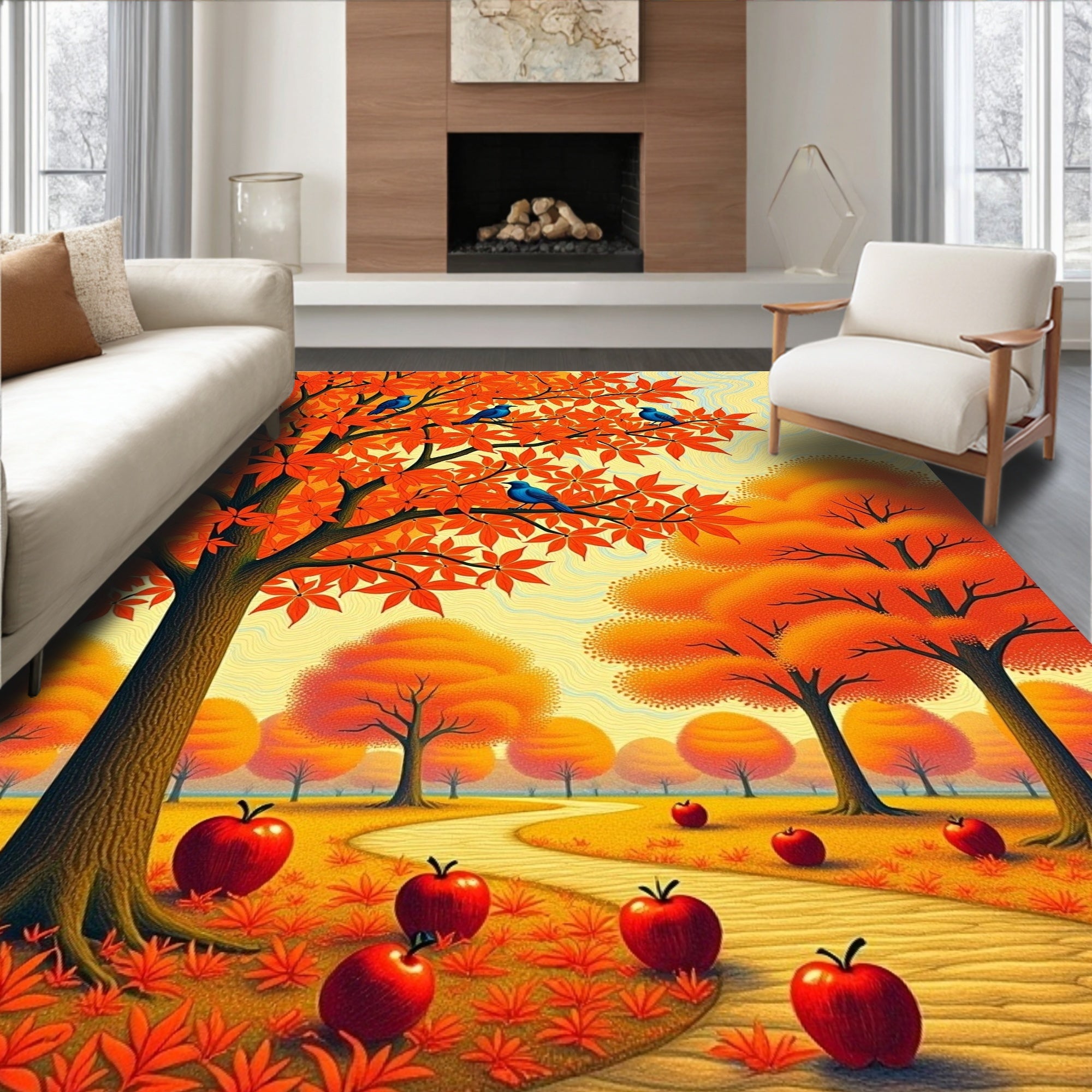 Autumn Orchard Scene With Birds Rug