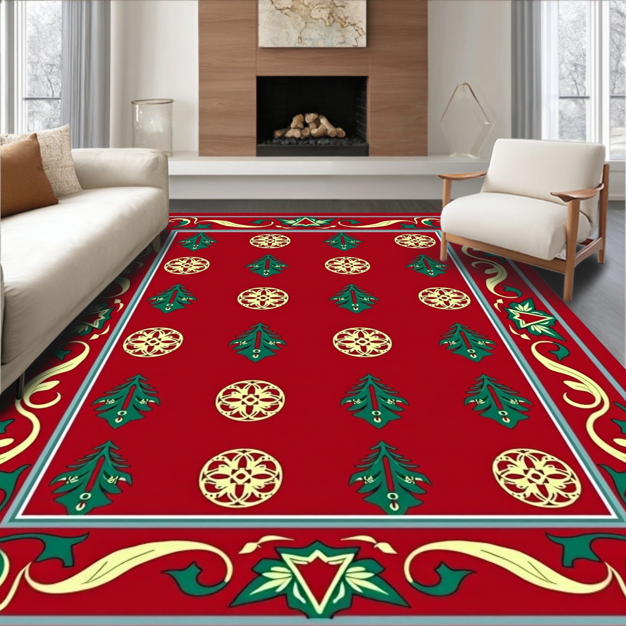 Classic Red Festive Tree Pattern Rug
