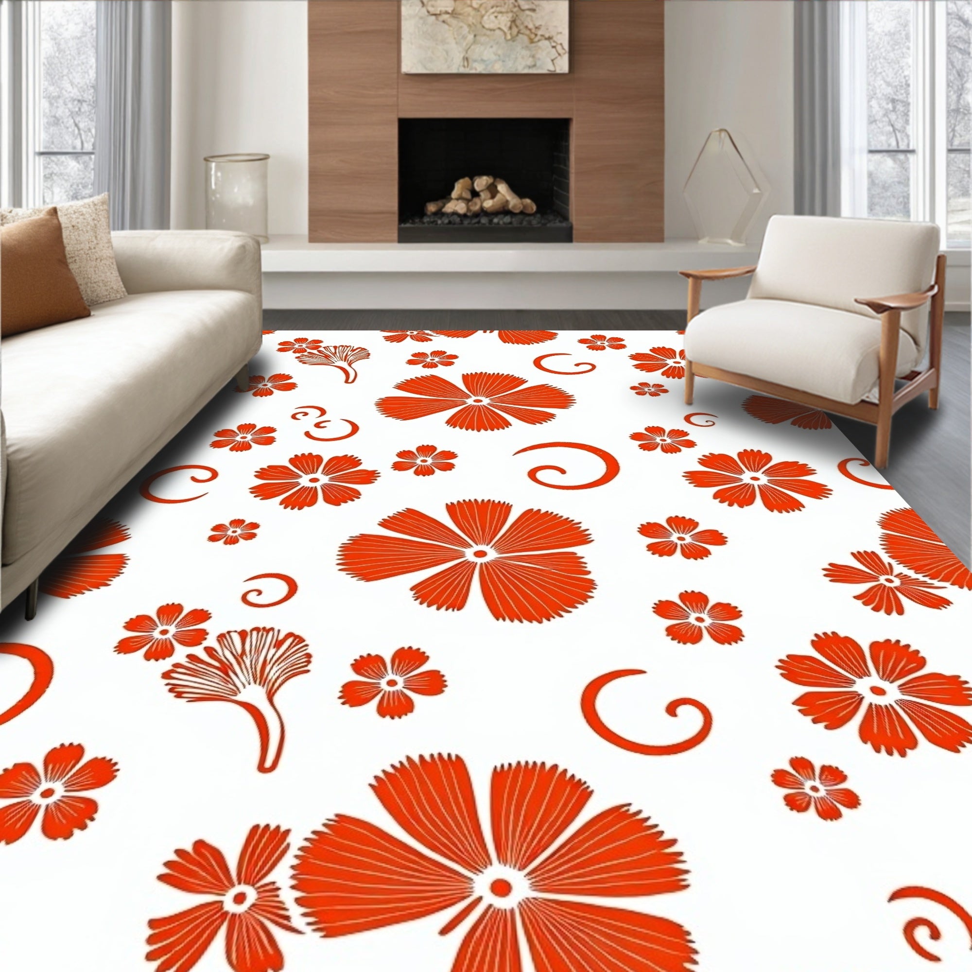 Bright Orange Floral Swirl Design Rug
