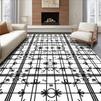 Black White Grid Floral Scroll Arrangement Rug