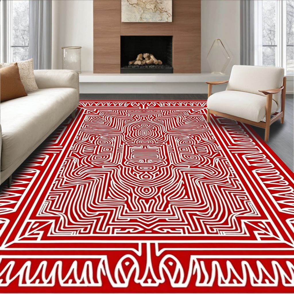 Intricate Red White Maze Design Rug