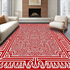 Intricate Red White Maze Design Rug
