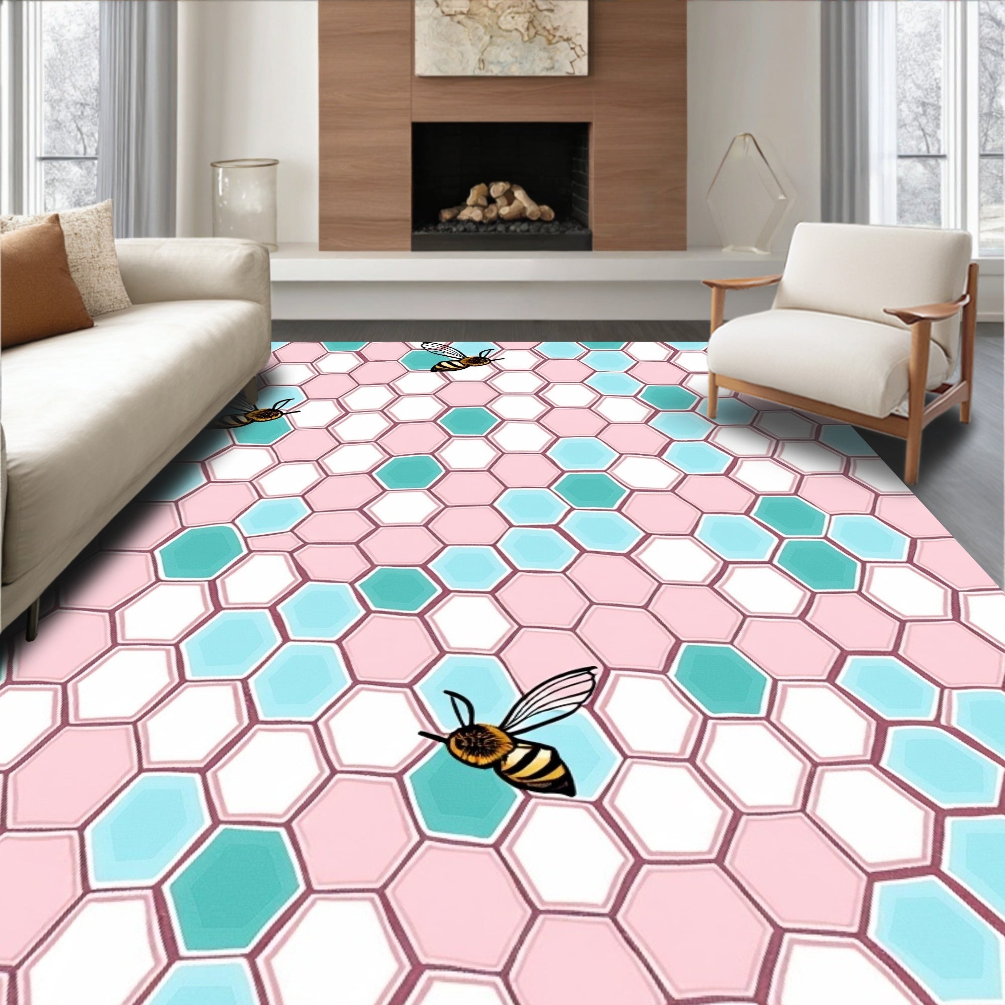 Sweet Bee Geometric Honeycomb Pattern Rug