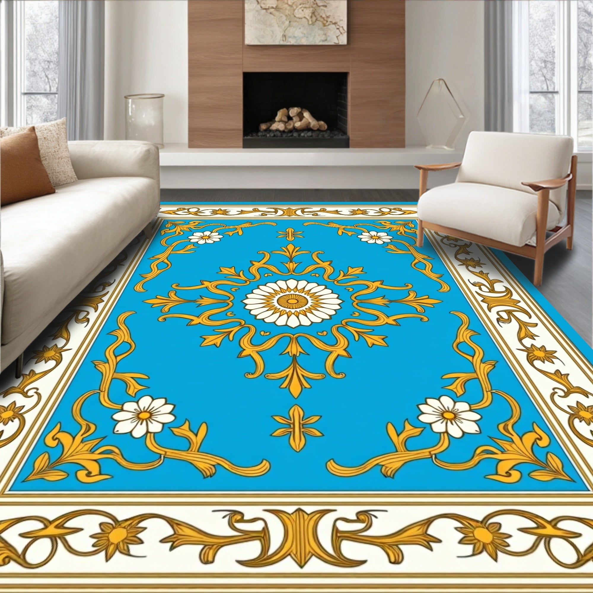 Elaborate Golden Floral Medallion Rug