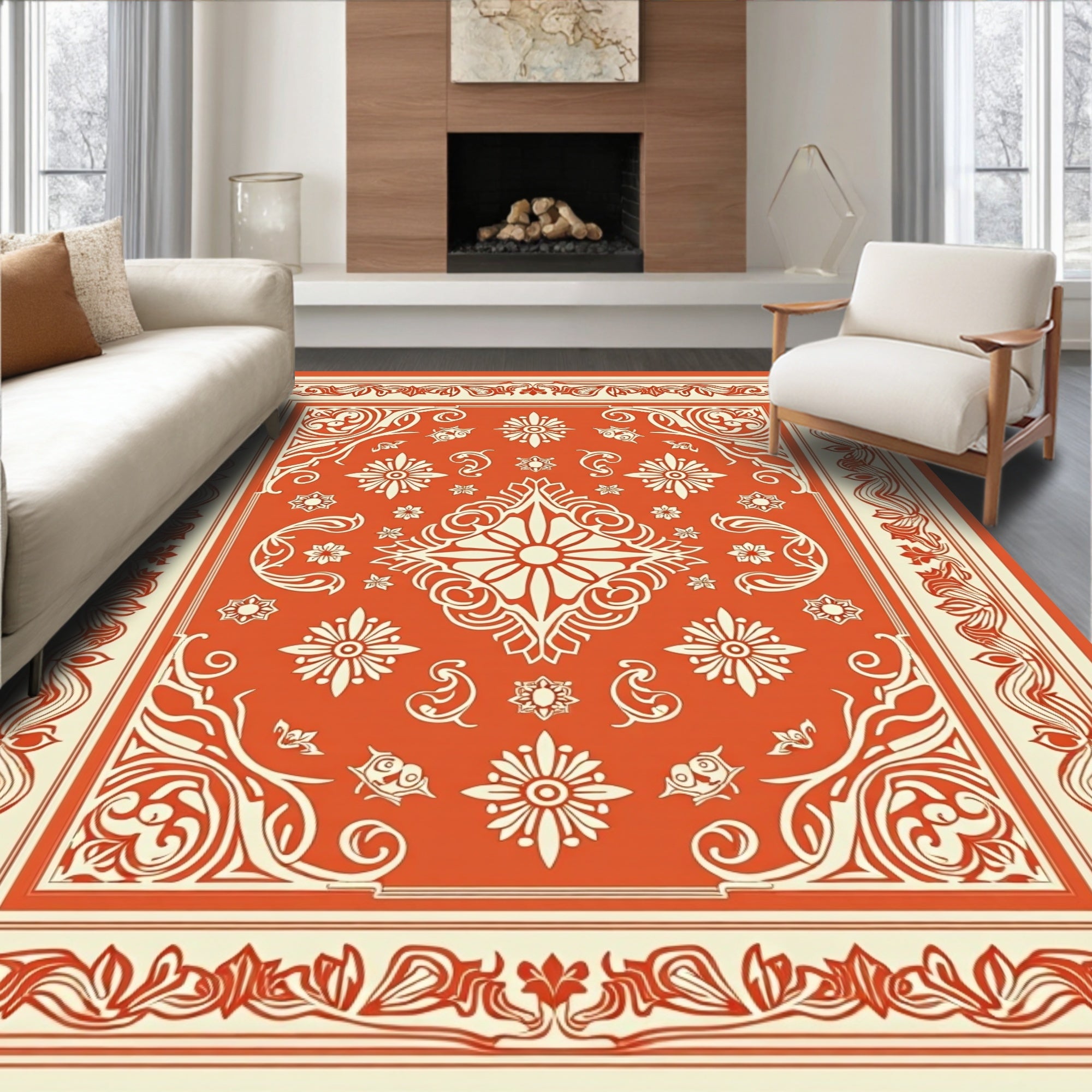 Ornate Floral Scrollwork Border Design Rug