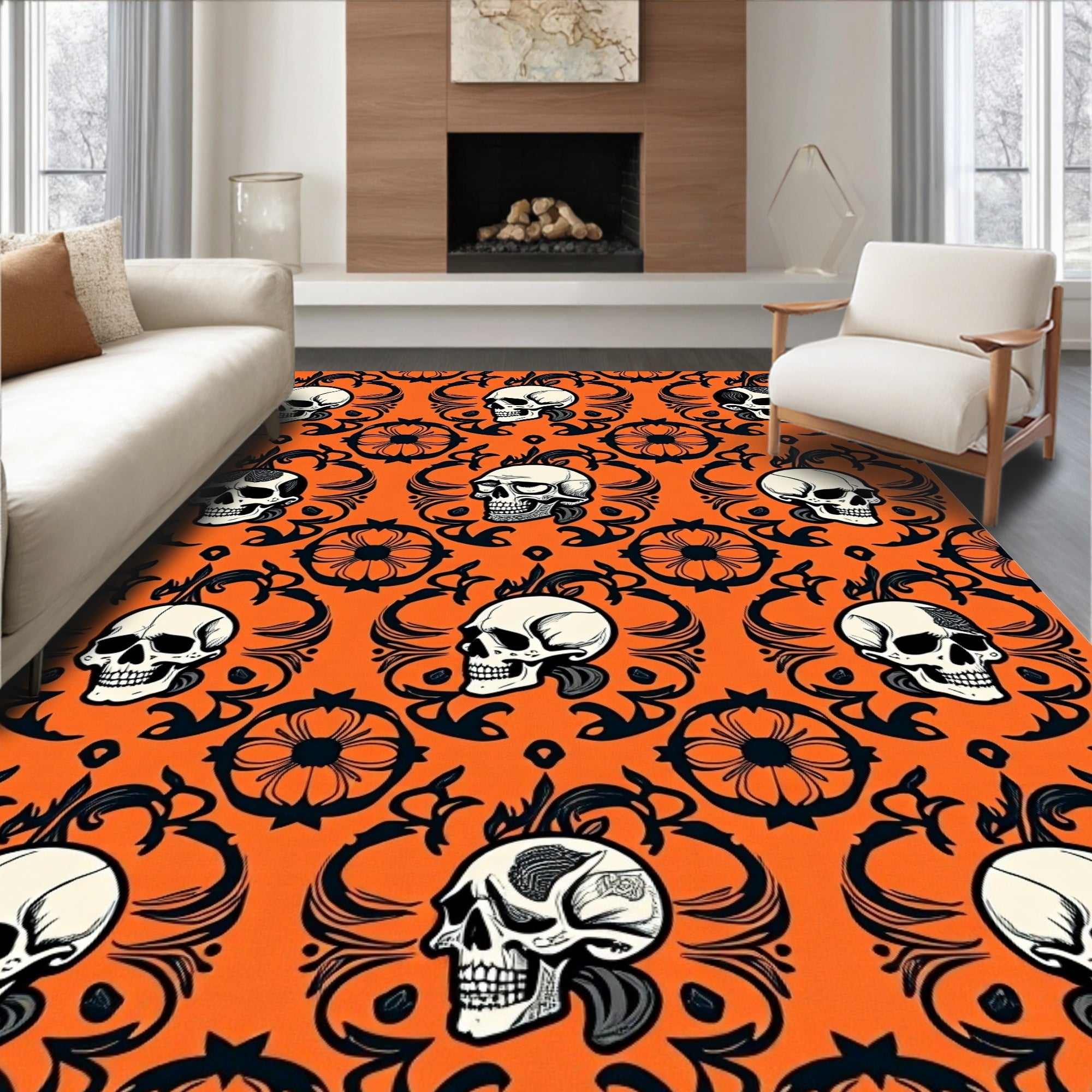 Orange Black Skulls Patterned Gothic Rug