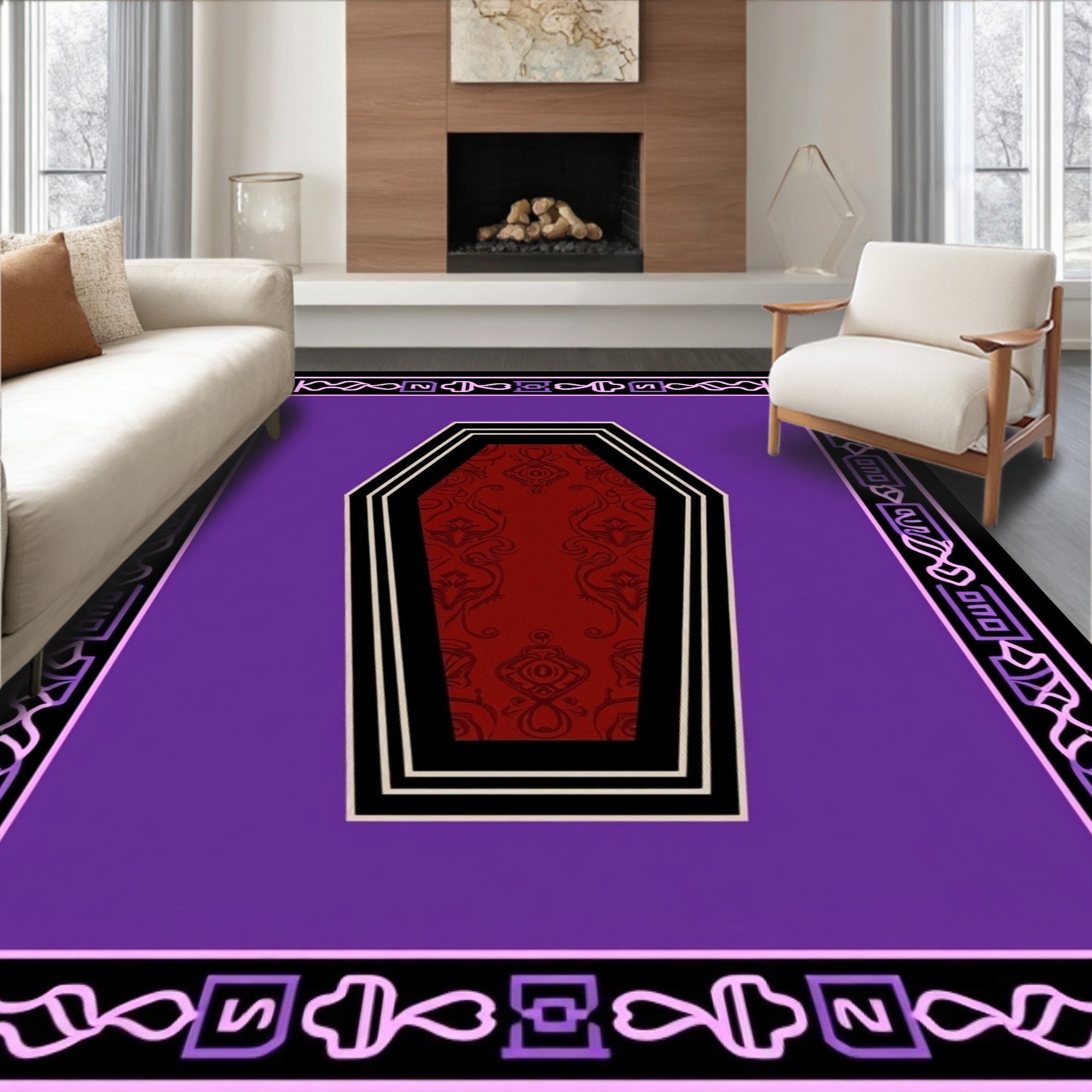 Dark Red Coffin Shape Damask Rug
