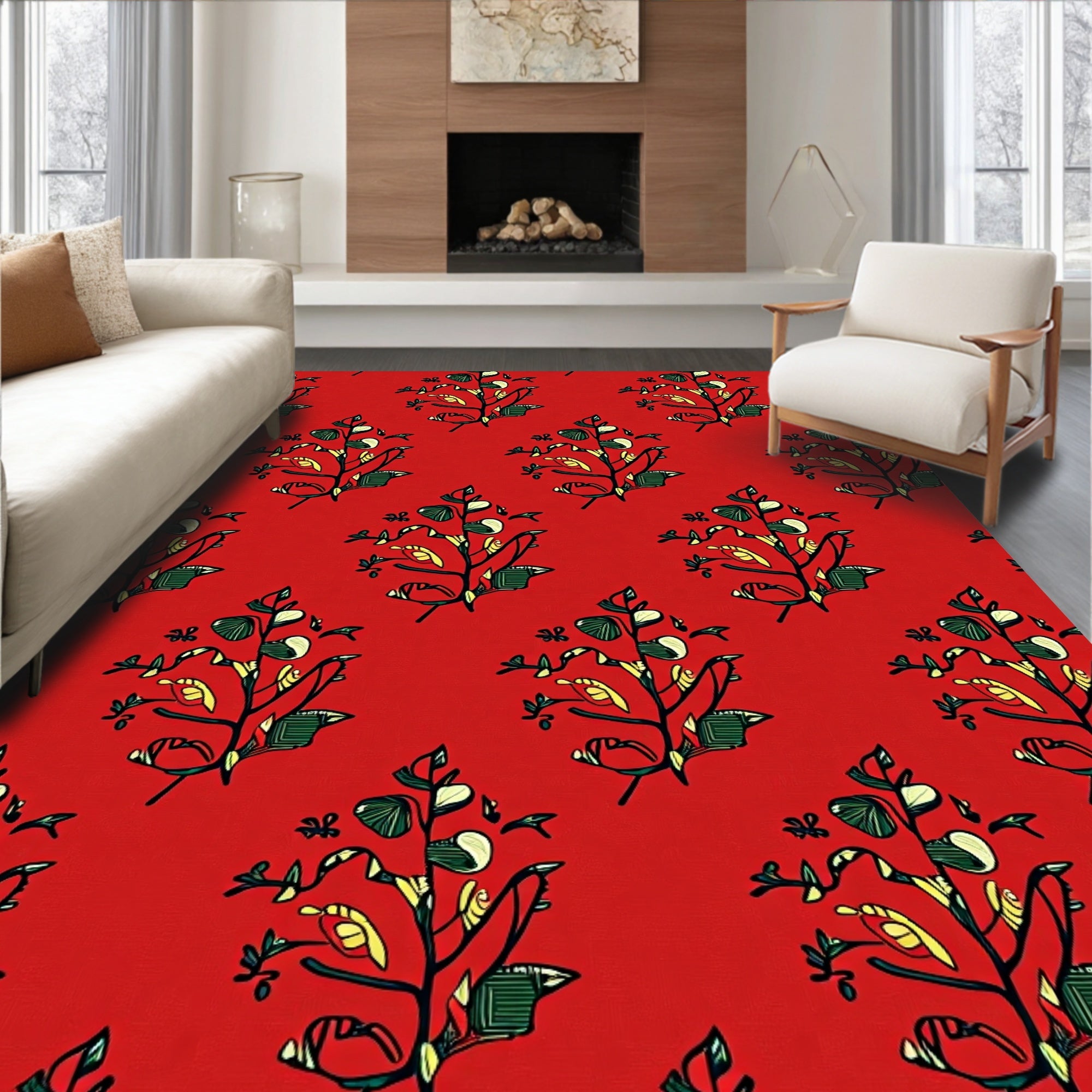 Red Floral Branch Pattern Rug