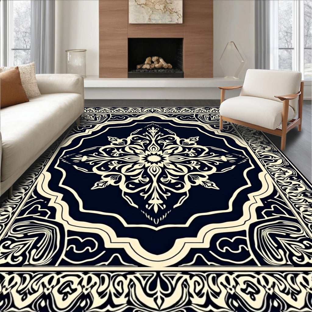 Dark Navy Cream Mandala Design Rug