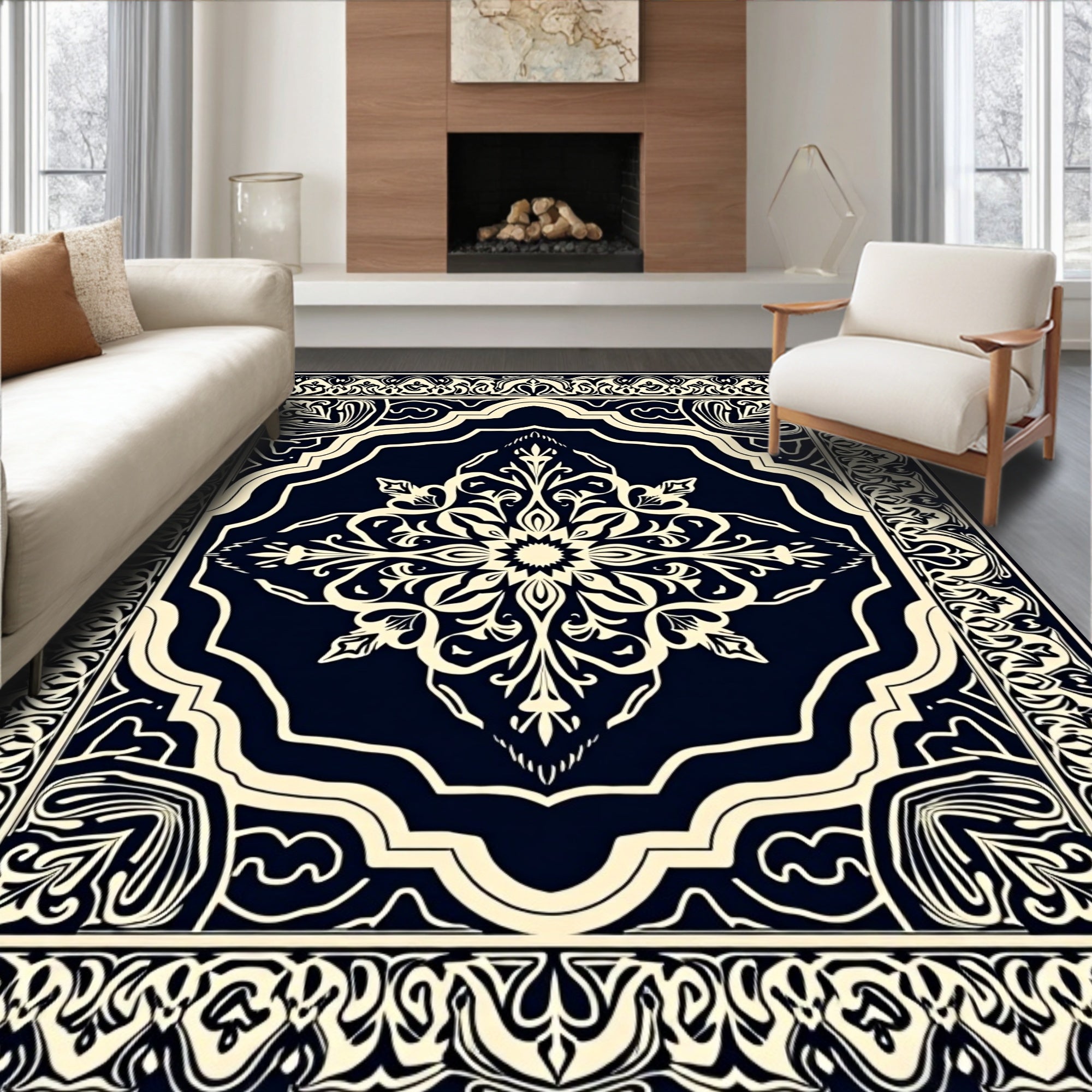 Dark Navy Cream Mandala Design Rug