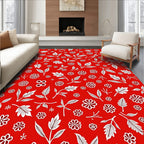 Red White Floral Leaf Pattern Rug