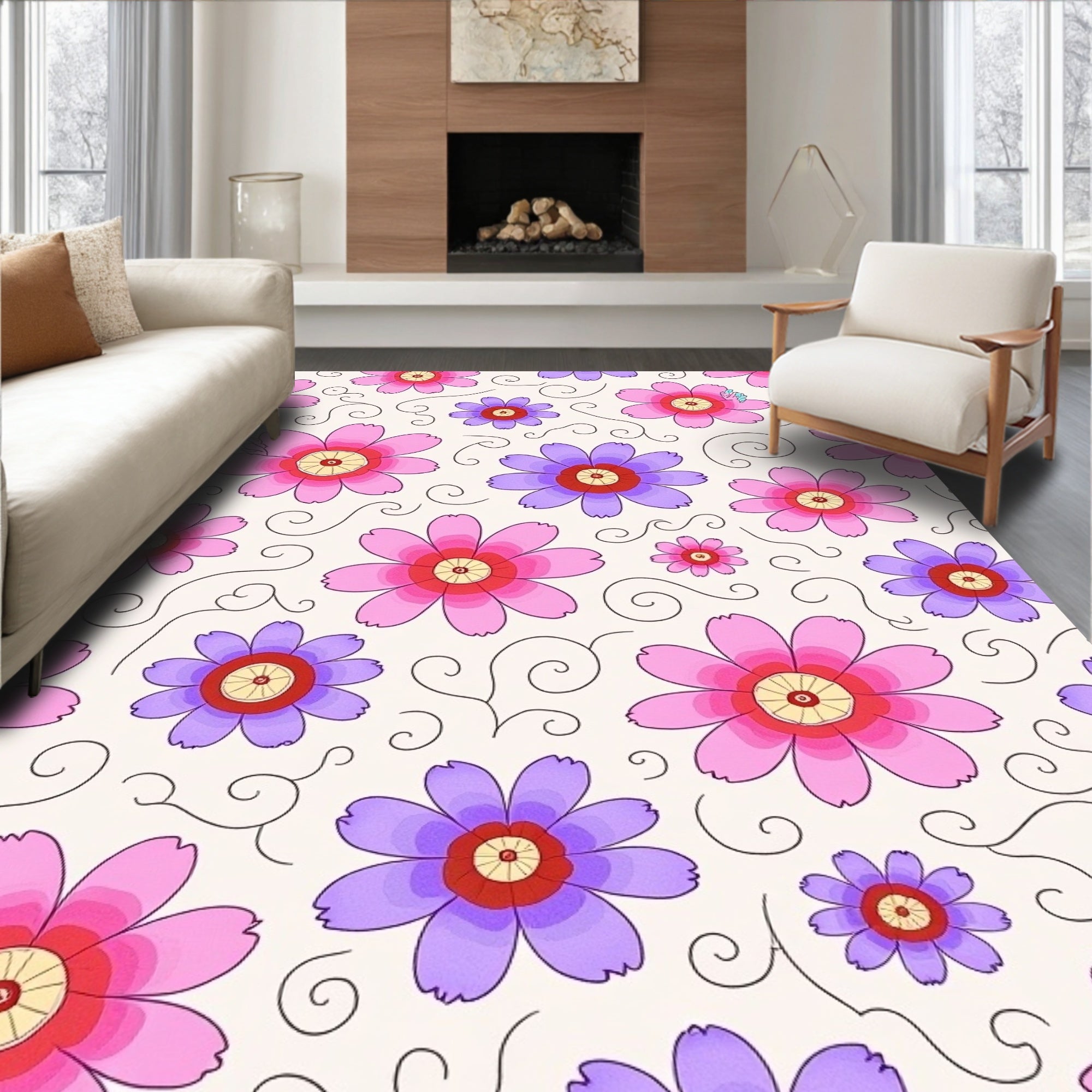 Pink Purple Floral Swirl Pattern Rug