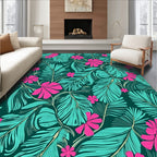 Vibrant Teal Pink Tropical Leaf Bloom Rug