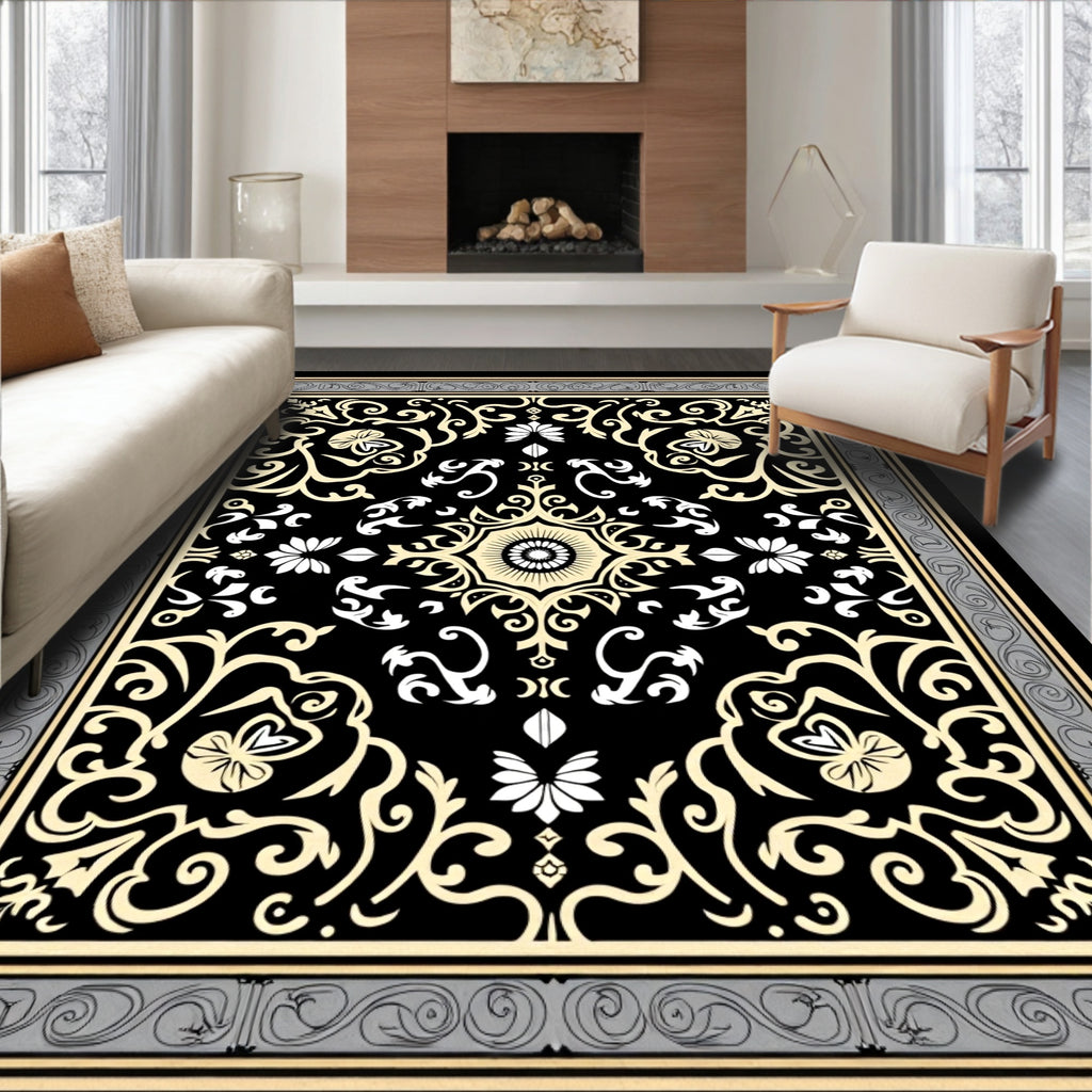 Intricate Black Cream Floral Medallion Rug