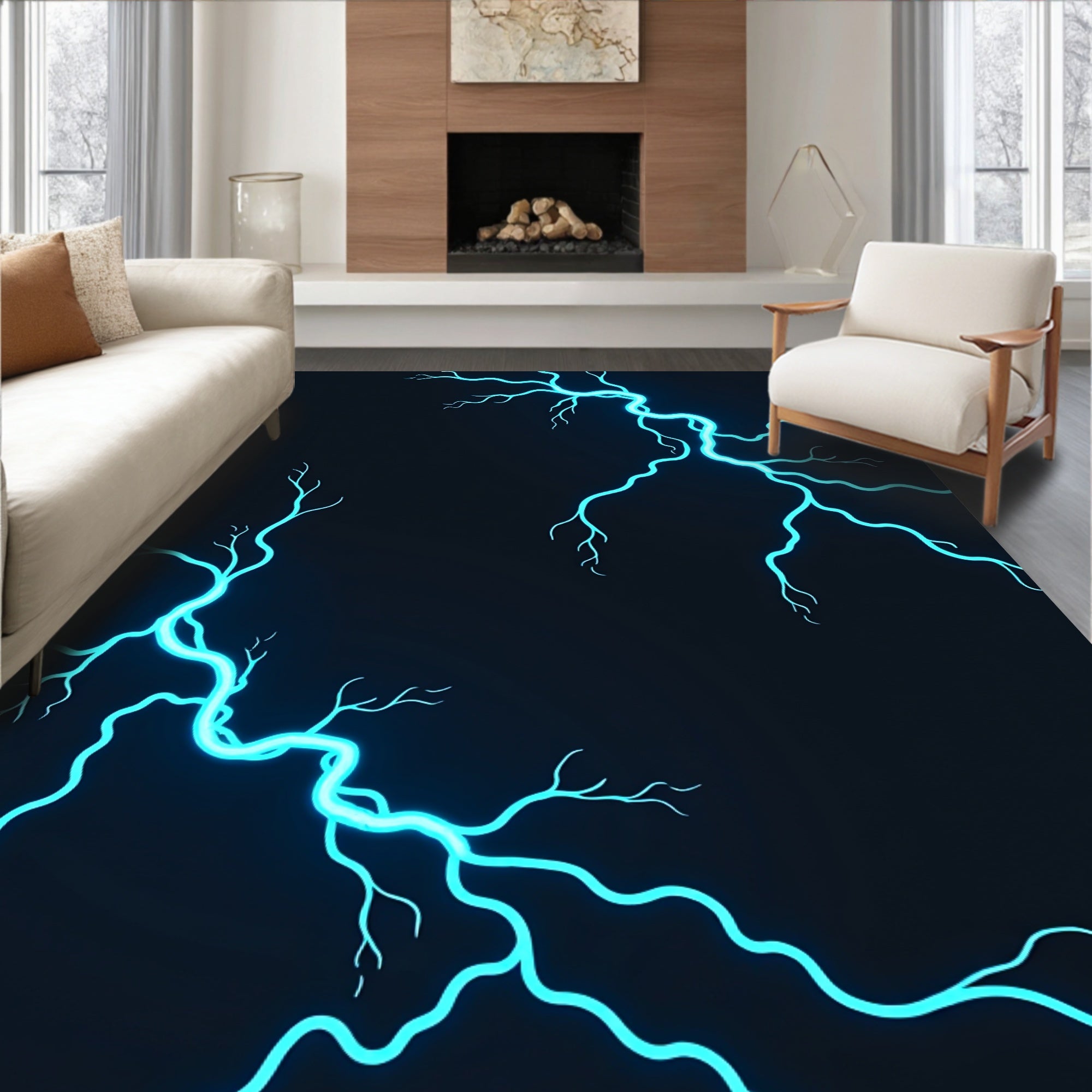 Electric Blue Lightning Bold Design Rug