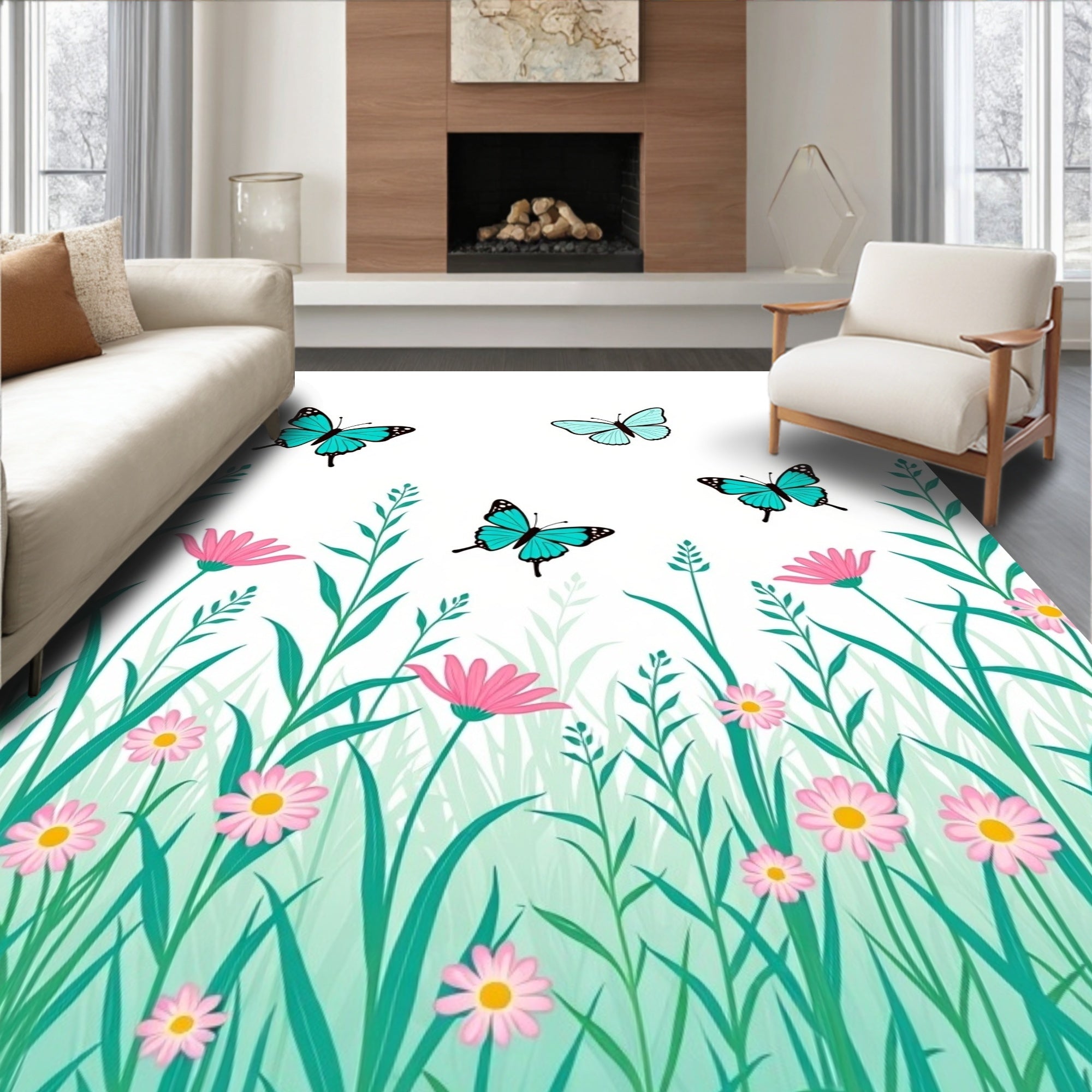 Turquoise Butterflies Garden Scene Rug