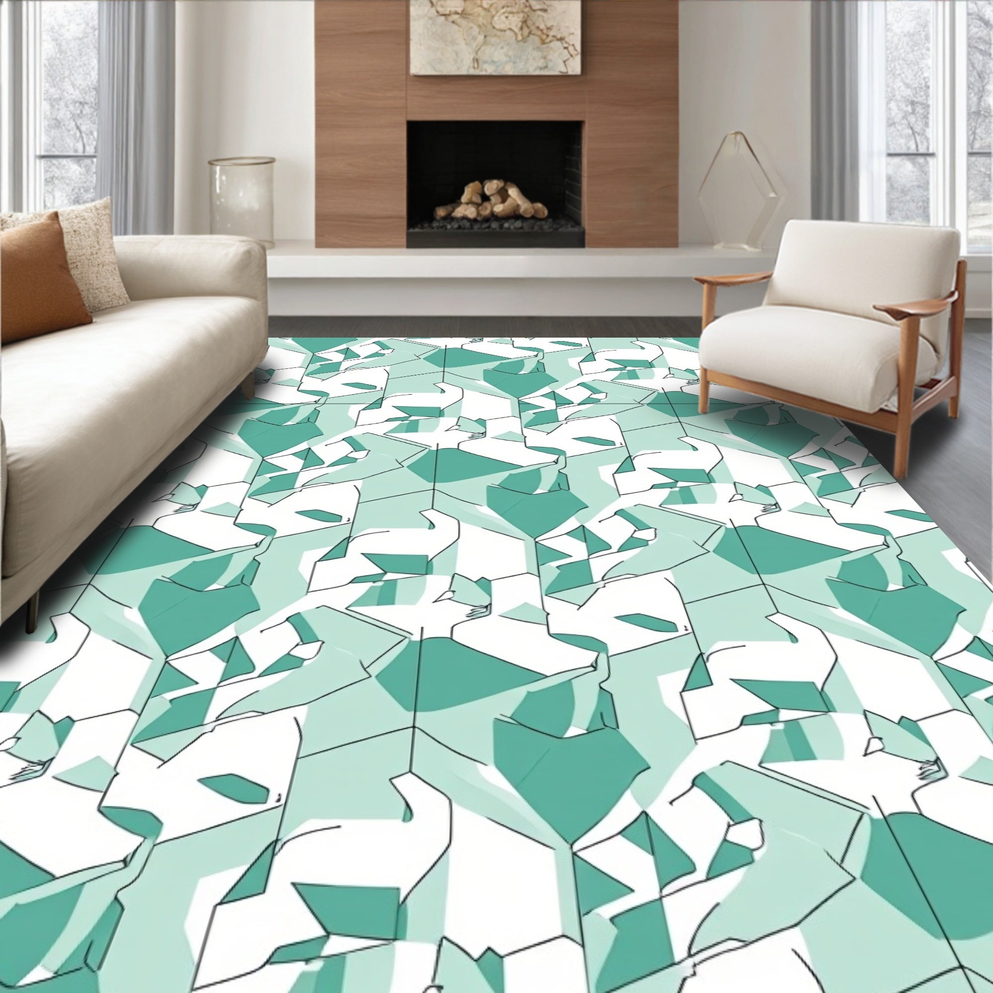 Abstract Teal Geometric Cat Pattern Rug