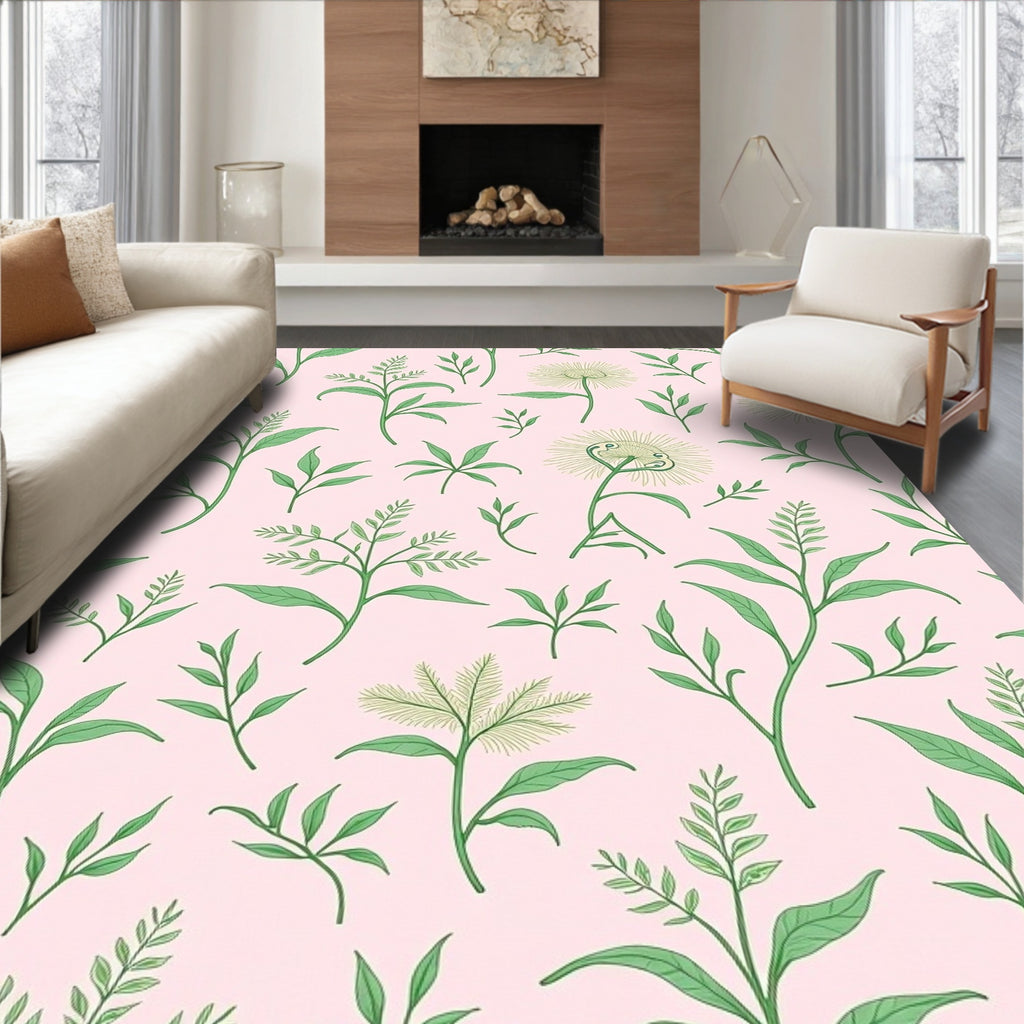 Pastel Pink Green Flora Botanical Rug